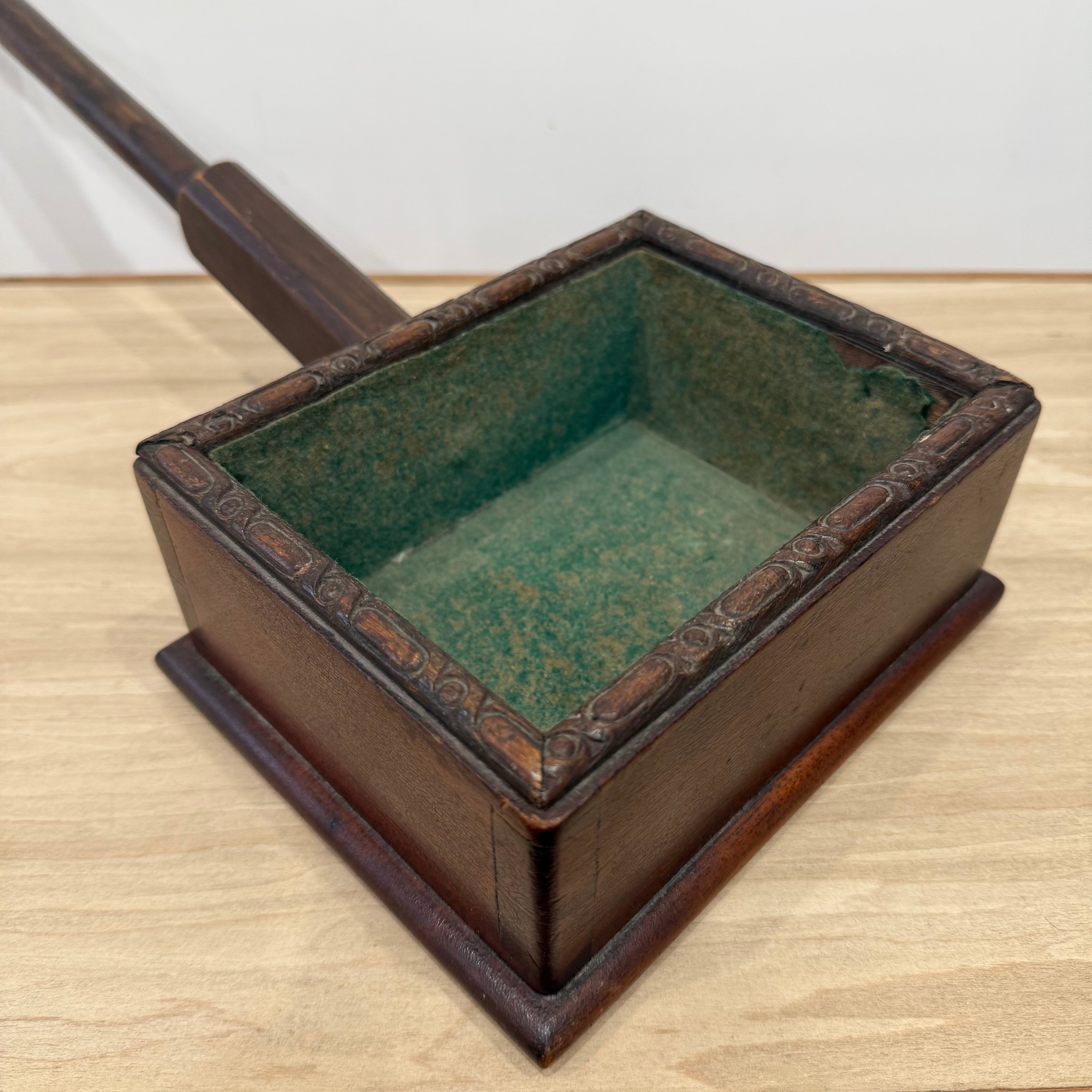 Antique Wooden Church Collection Box on Handle with Green Felt Interior