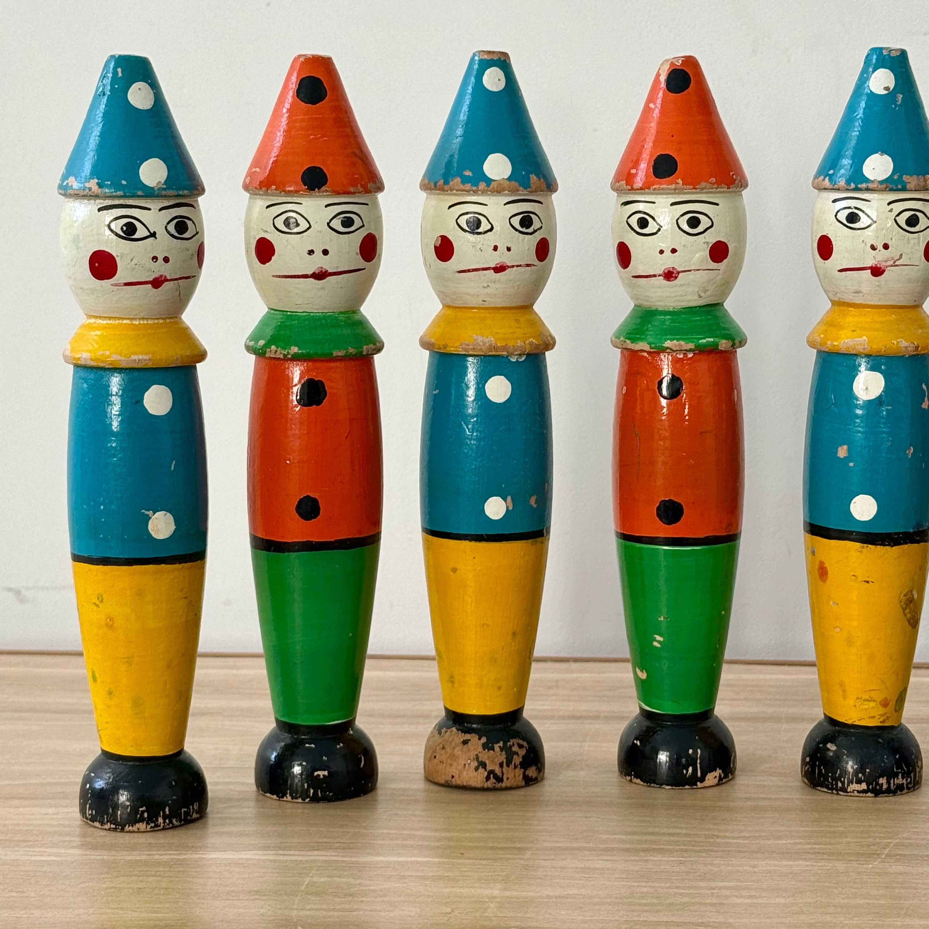 Vintage Wooden Clown Skittles Pins Seven Figures Hand Painted Folk Toy 21cm