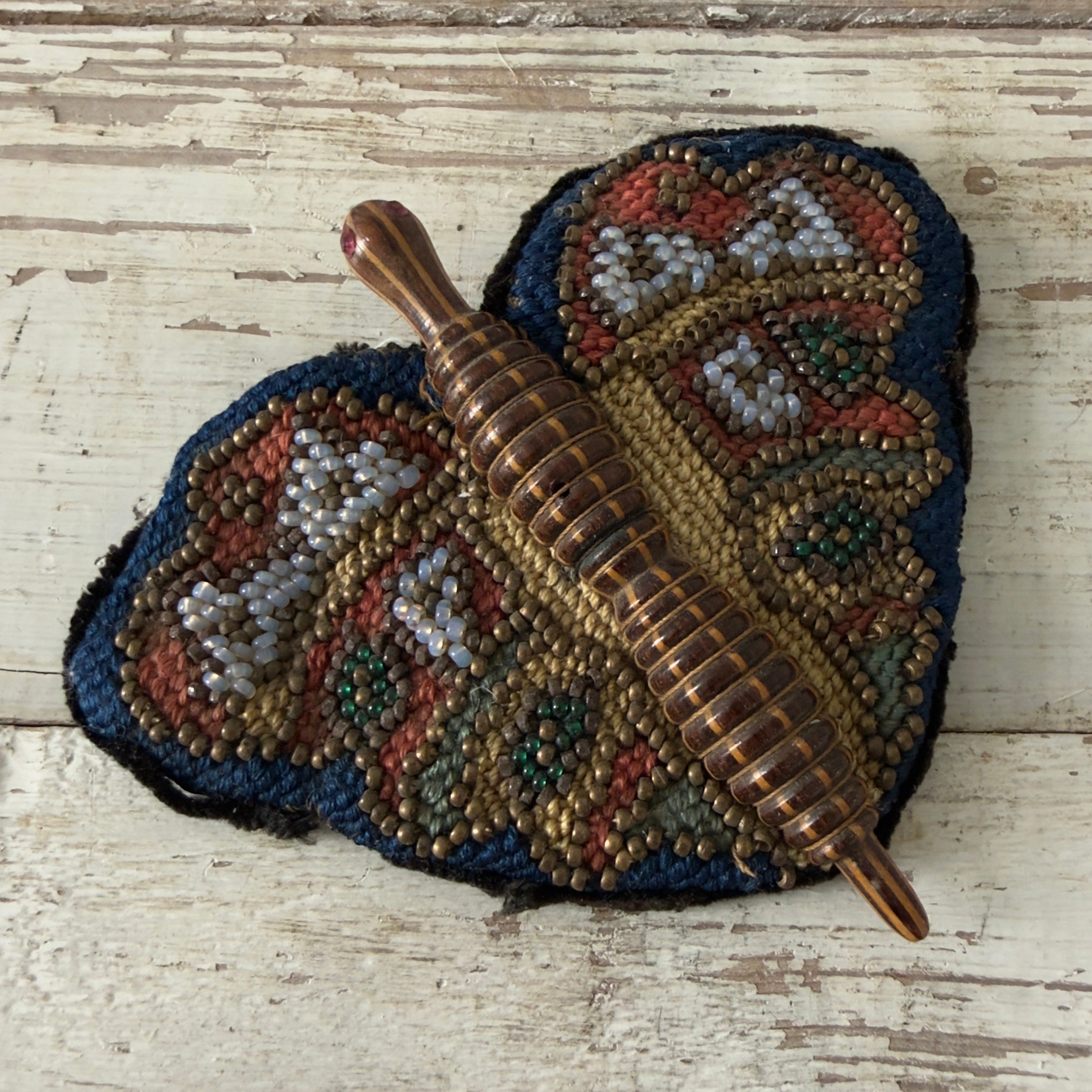 Antique Victorian Beaded Butterfly Needle Book / Pincushion with Turned Wooden Body