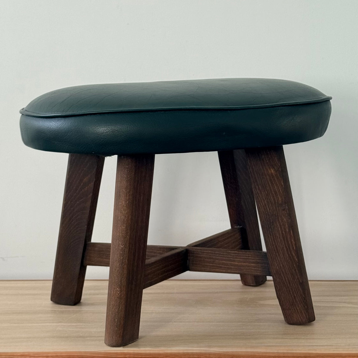 Vintage Mid-Century Kidney Shaped Green Upholstered Footstool