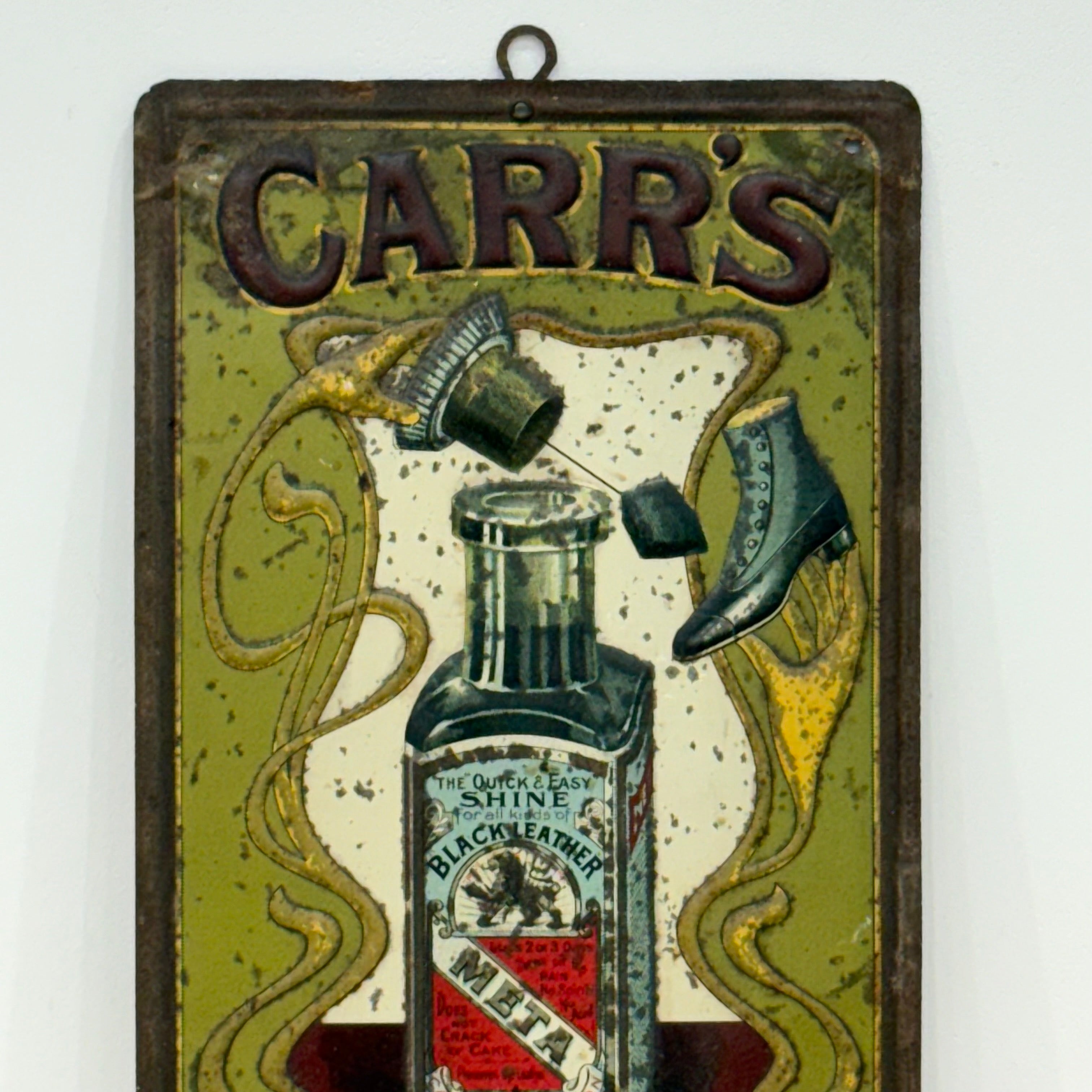 Carr’s META Leather Polish Embossed Tin Advertising Sign c.1910–1920