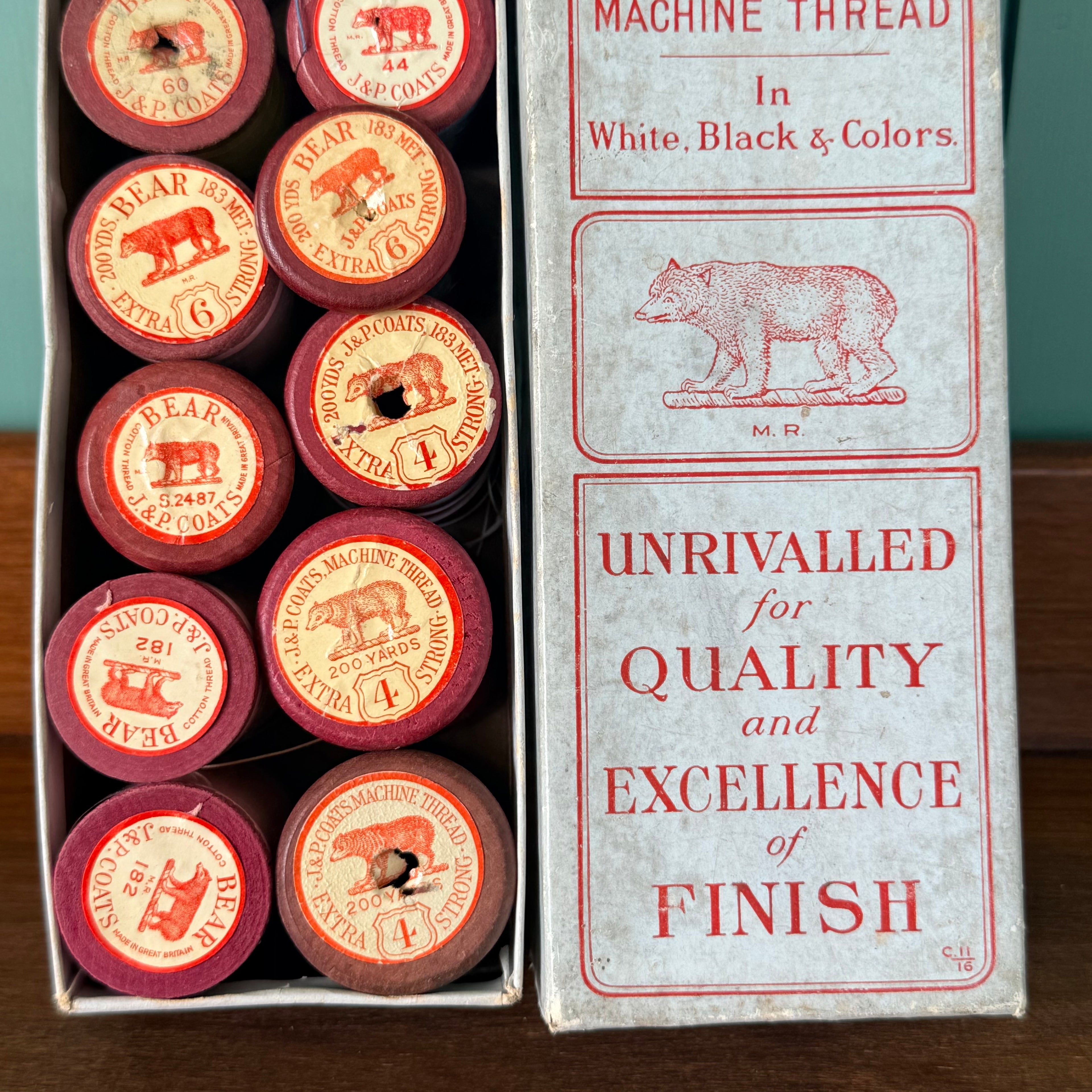 Vintage J&P Coats Bear Extra Strong Machine Thread Boxed Reels
