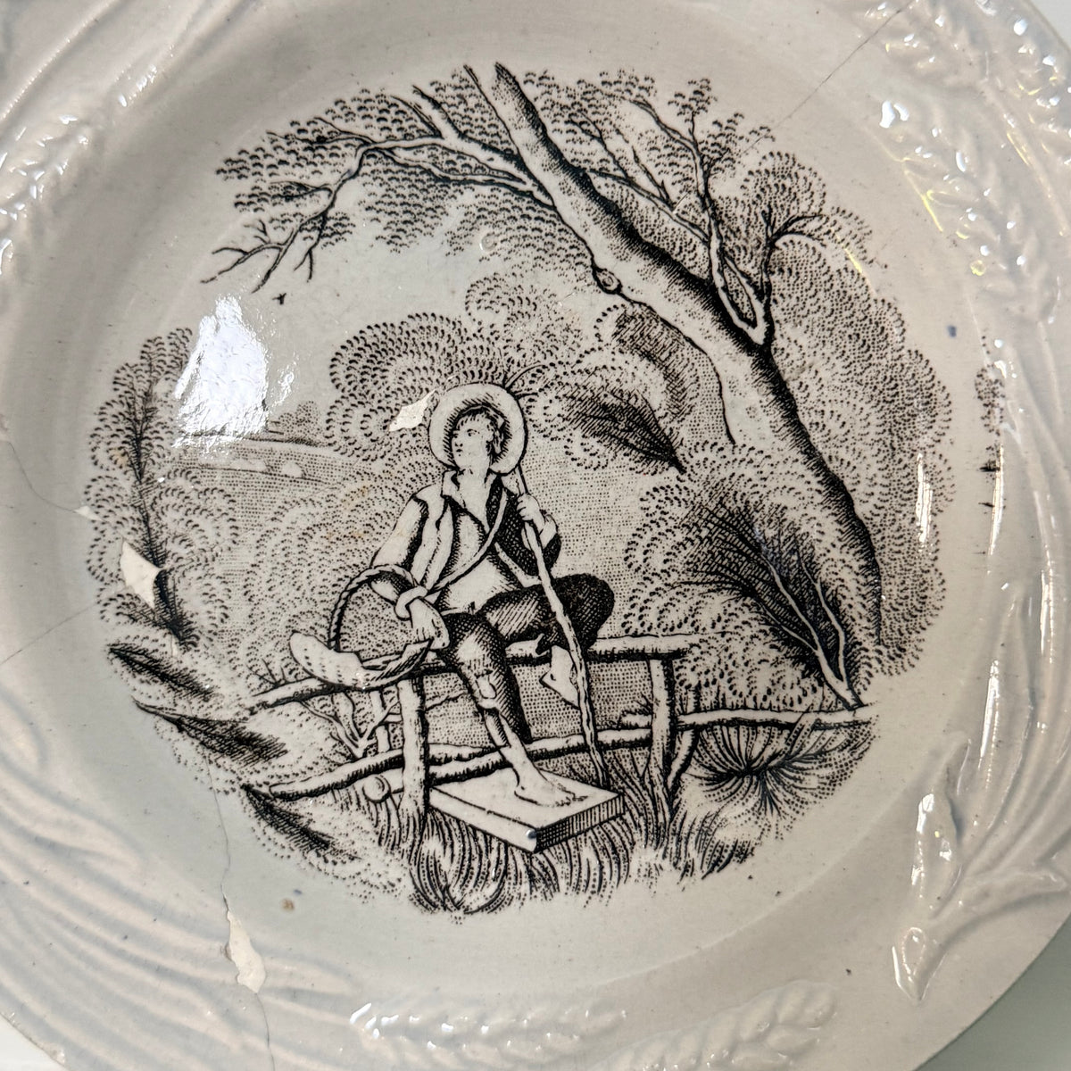 Antique Staffordshire Staple-Repaired Nursery Plate Rural Boy c.1830