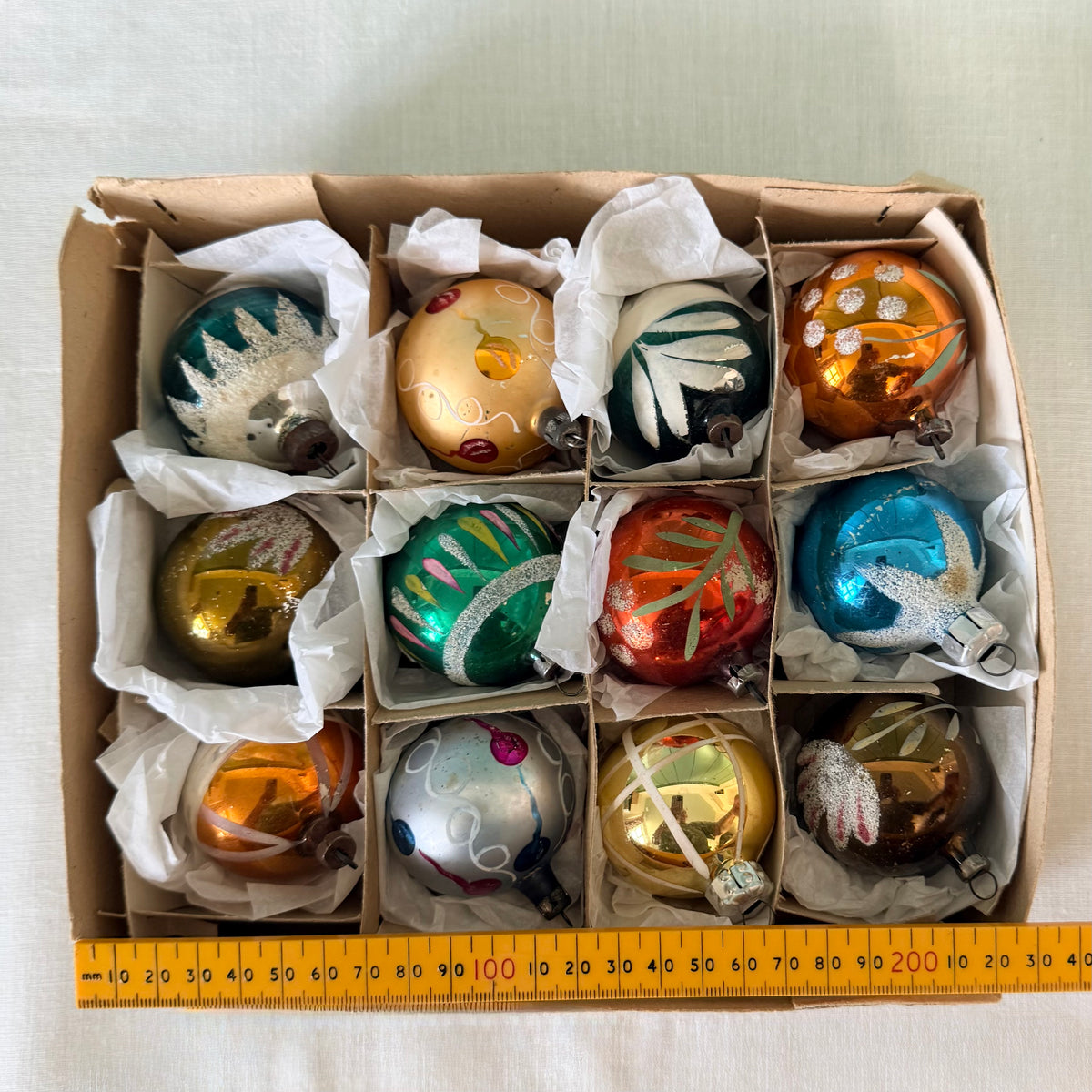 Boxed Set of 12 Vintage Glass Christmas Baubles