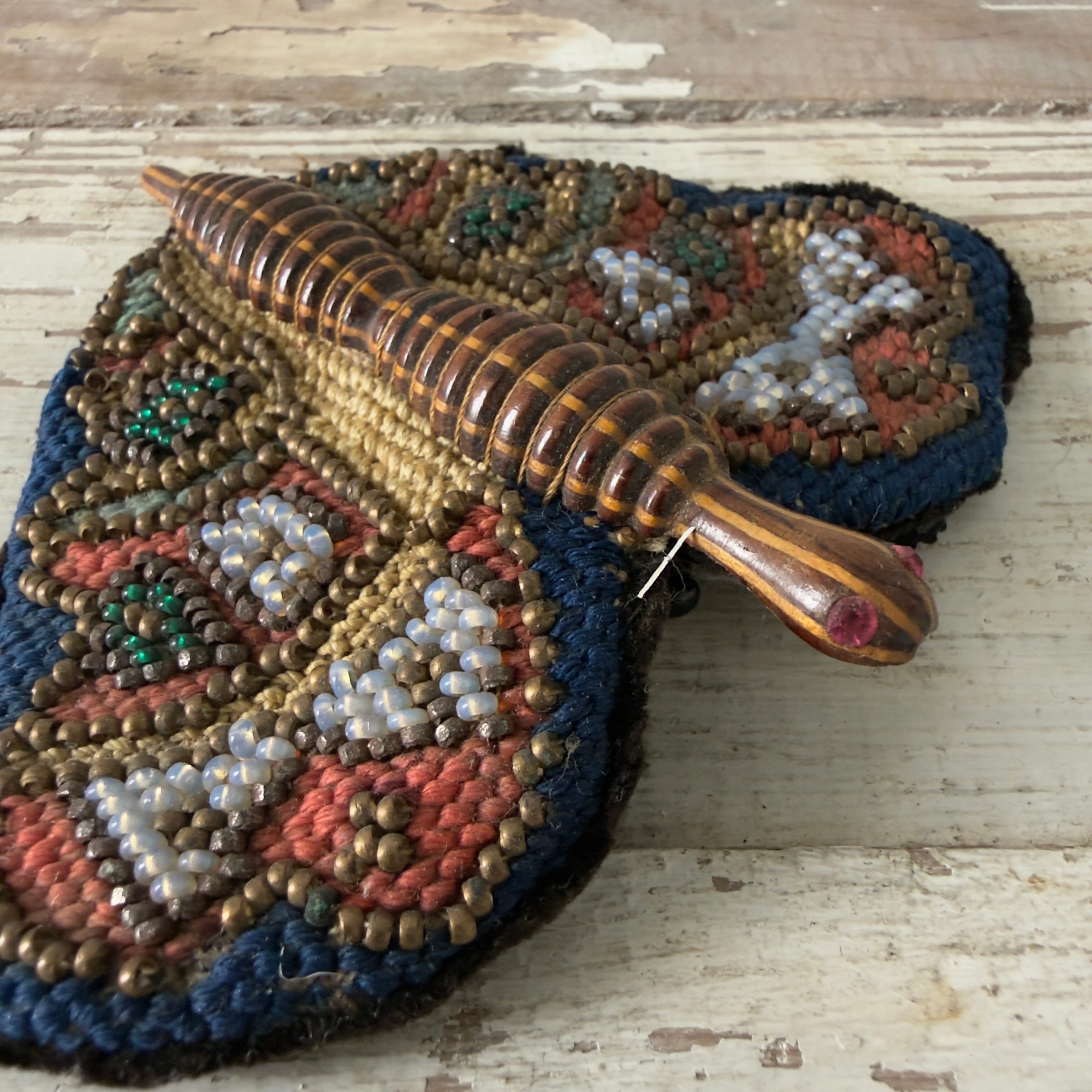 Antique Victorian Beaded Butterfly Needle Book / Pincushion with Turned Wooden Body