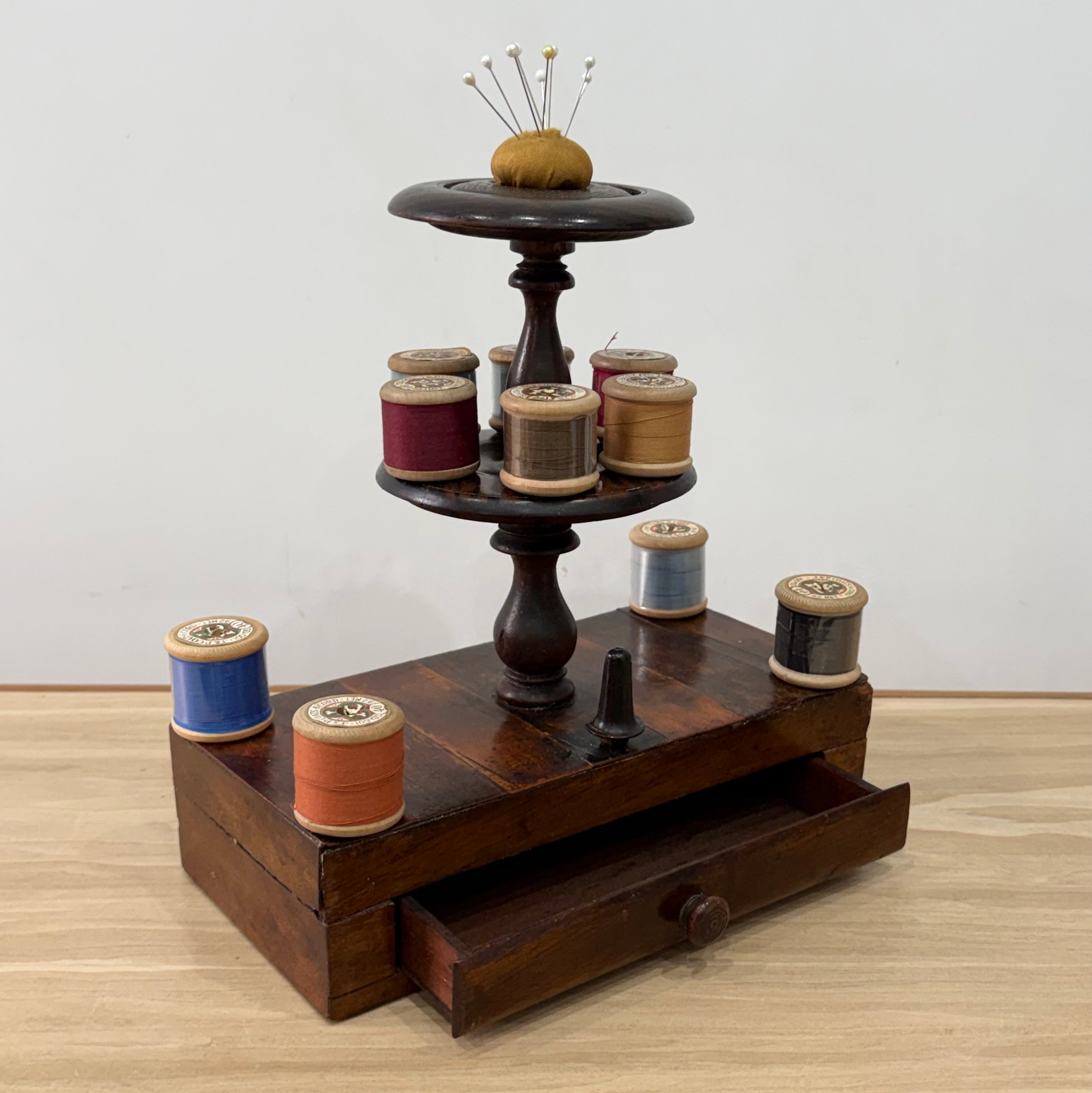 Antique Wooden Thread Spool Stand with Drawer and Silk Pin Cushion