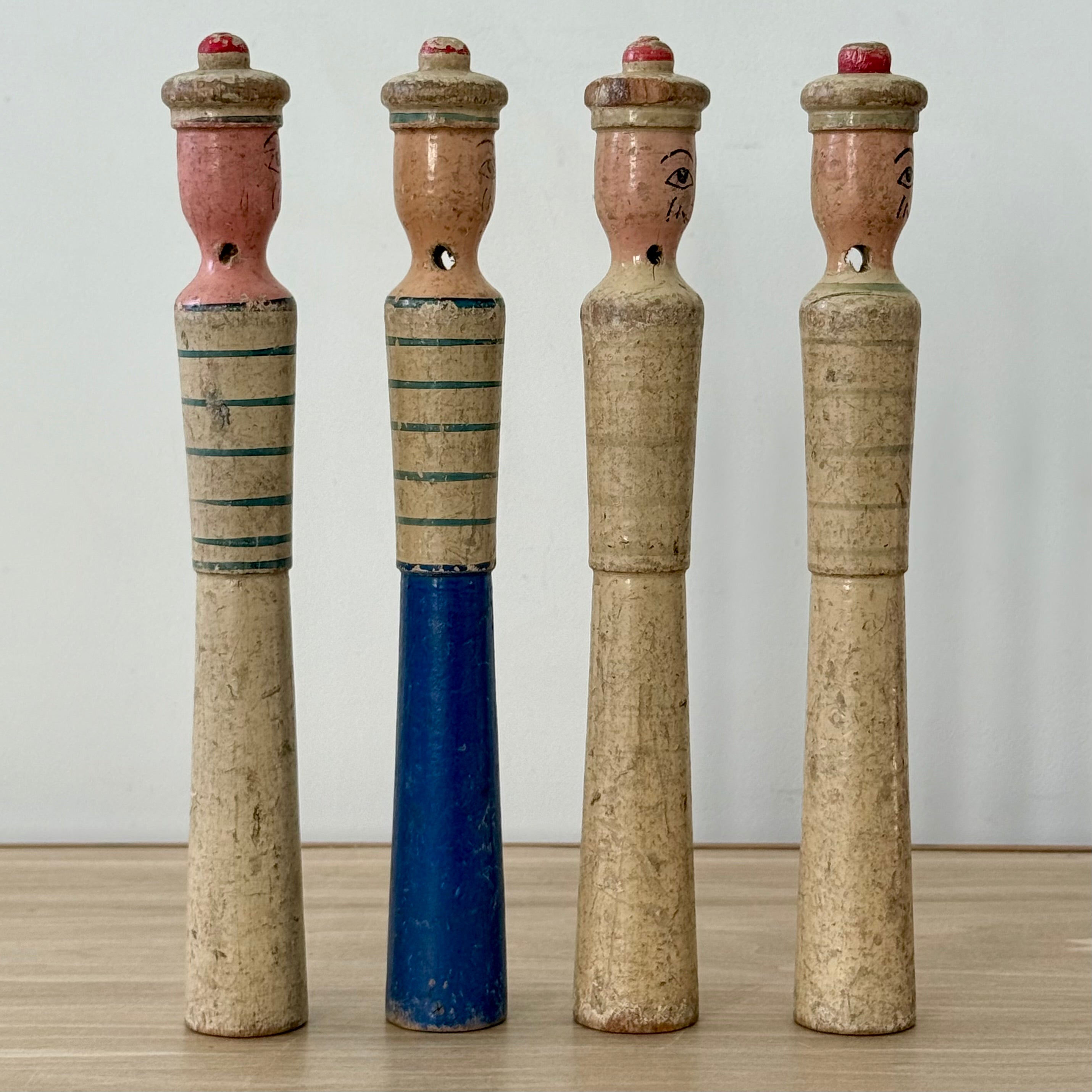 Vintage Wooden Sailor Skittles Pins Four Figures Hand Painted Folk Toy 24cm