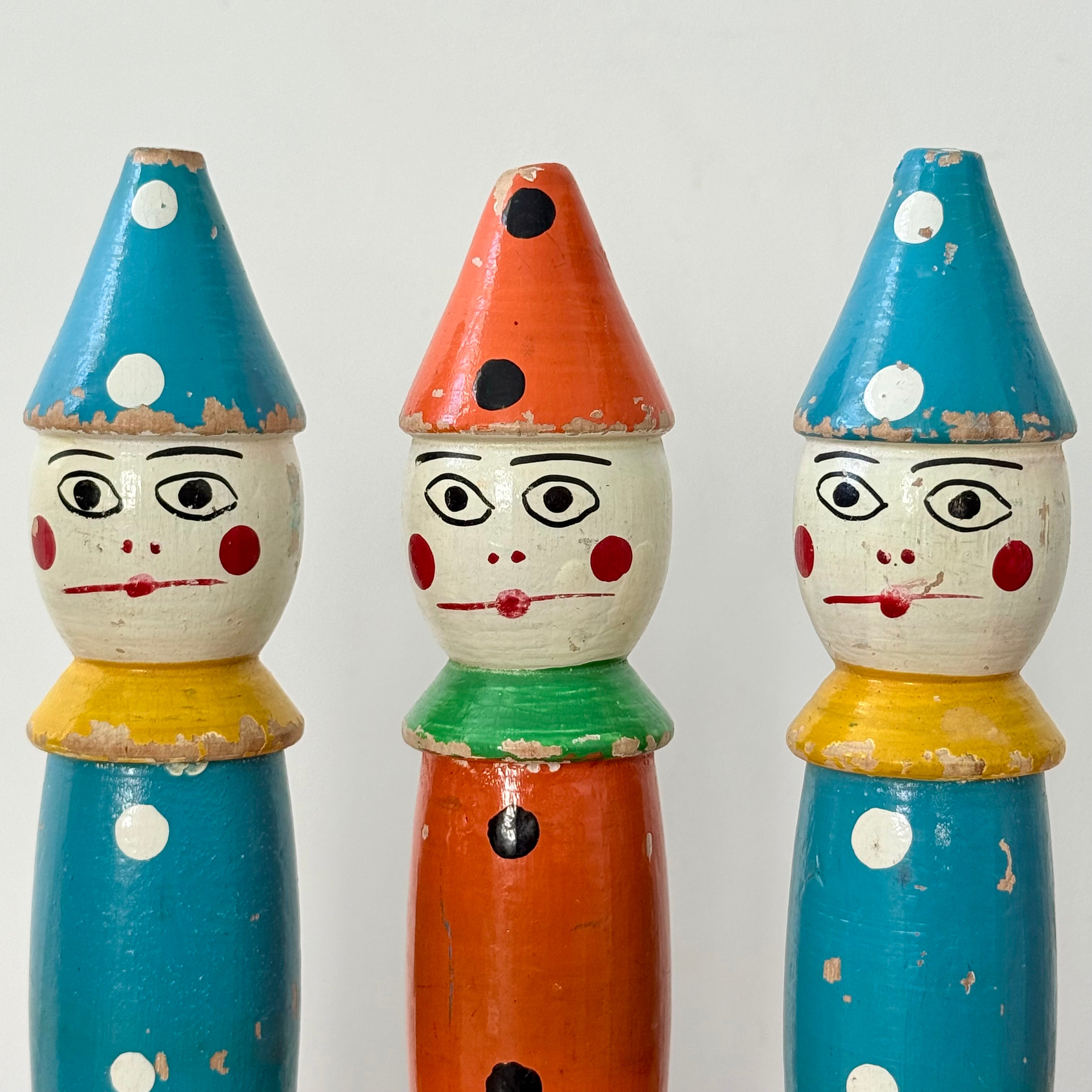 Vintage Wooden Clown Skittles Pins Seven Figures Hand Painted Folk Toy 21cm