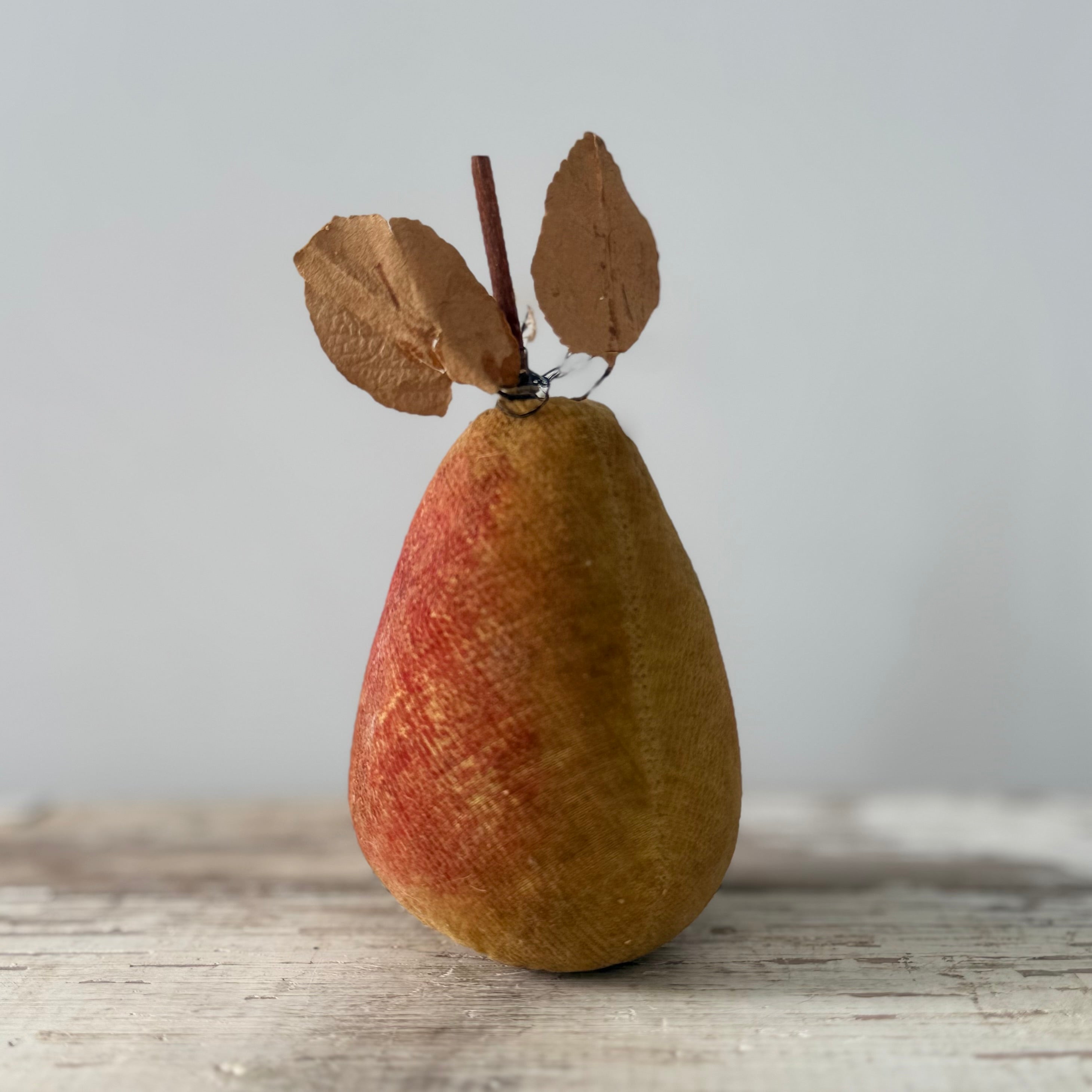 Rare 1830s Velvet Pear Pin Cushion with Paper Leaves