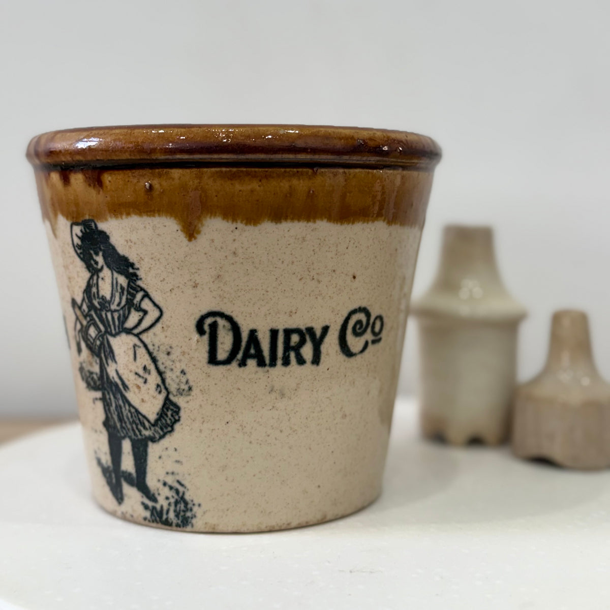 Antique Danish Dairy Co Stoneware Butter Crock with Milkmaid c.1900