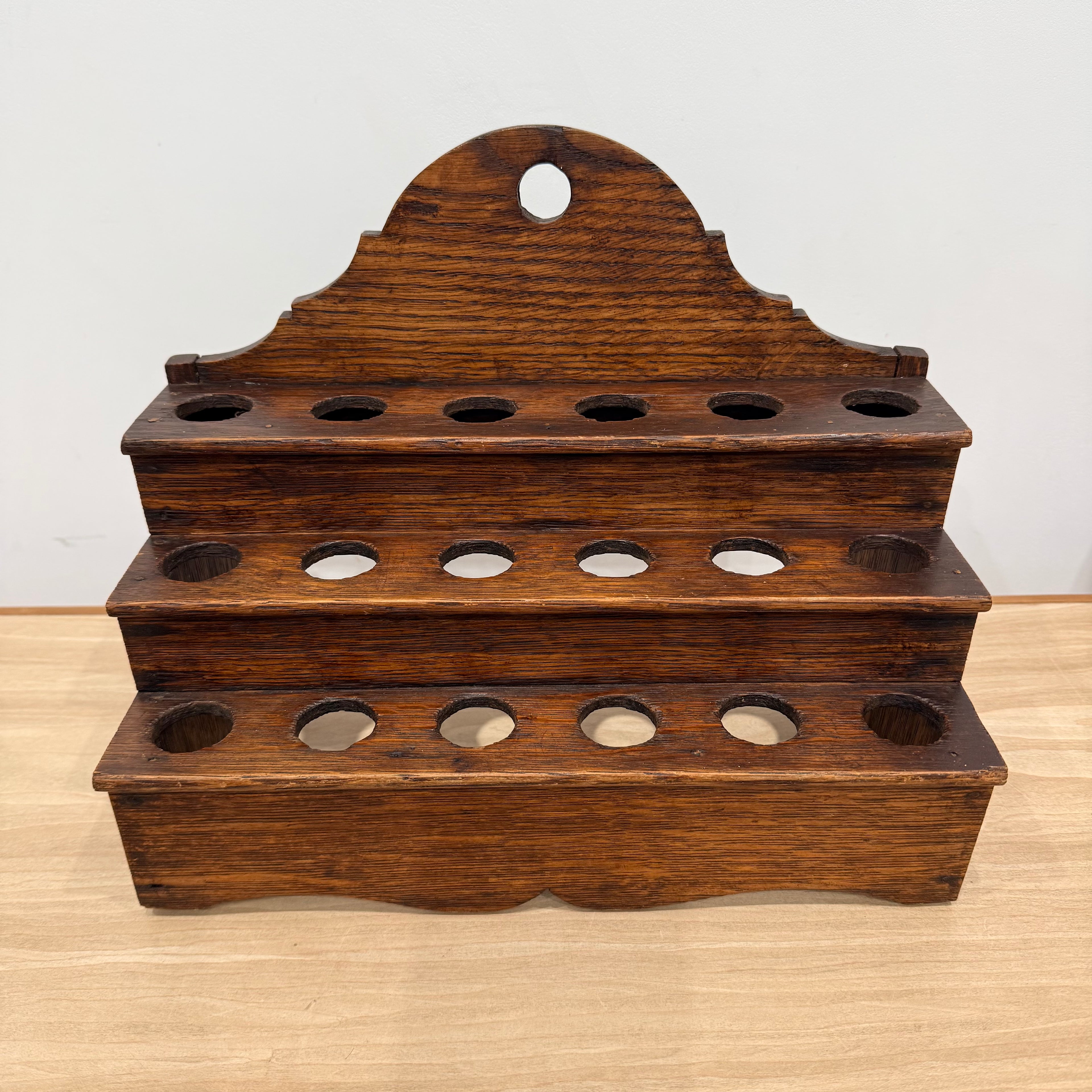 Antique Welsh Cawl Spoon Rack Oak Treen 3 Tier Peg Wall Shelf