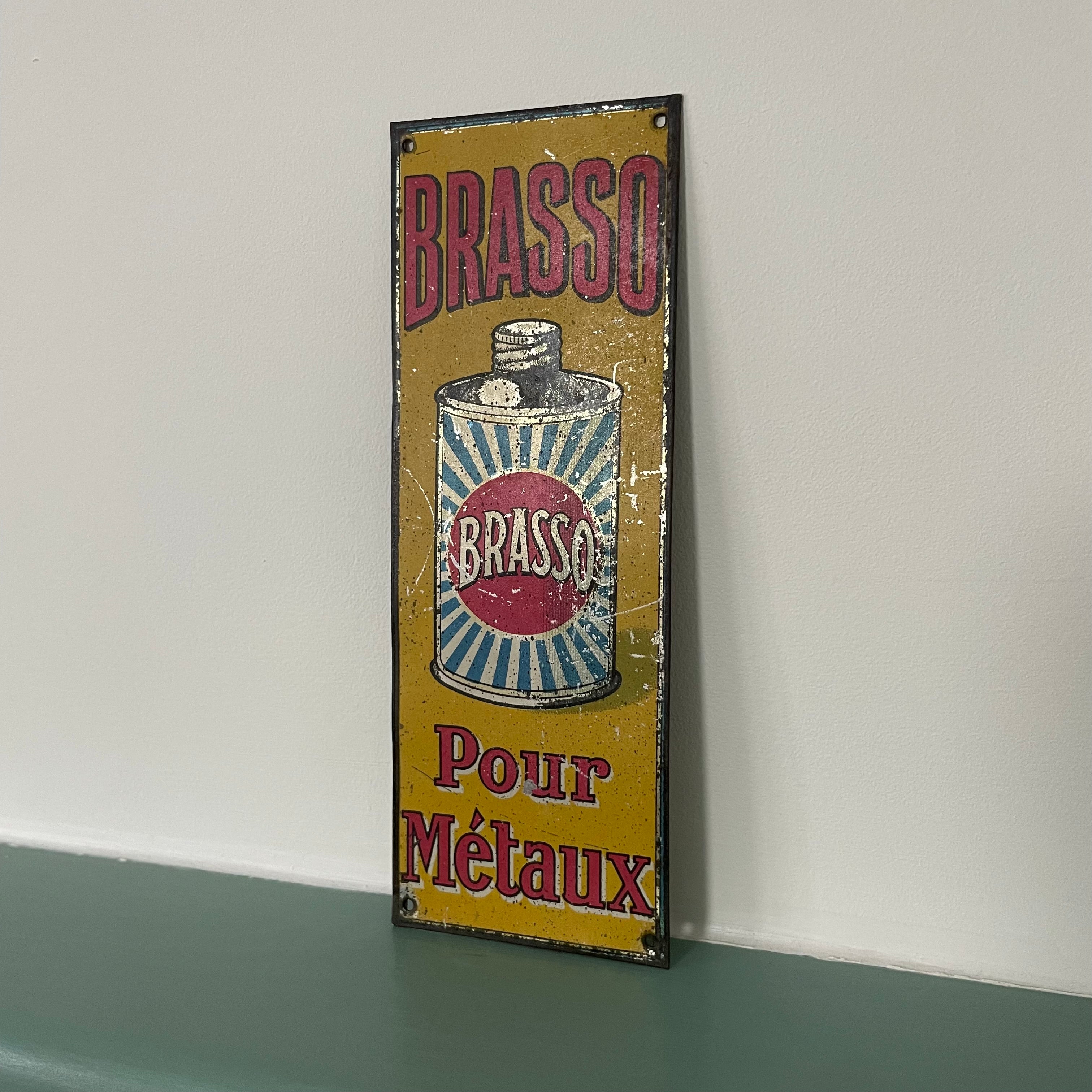 Vintage Brasso Tin Sign Door Plate – French “Brasso Pour Métaux” c.1920-1930s