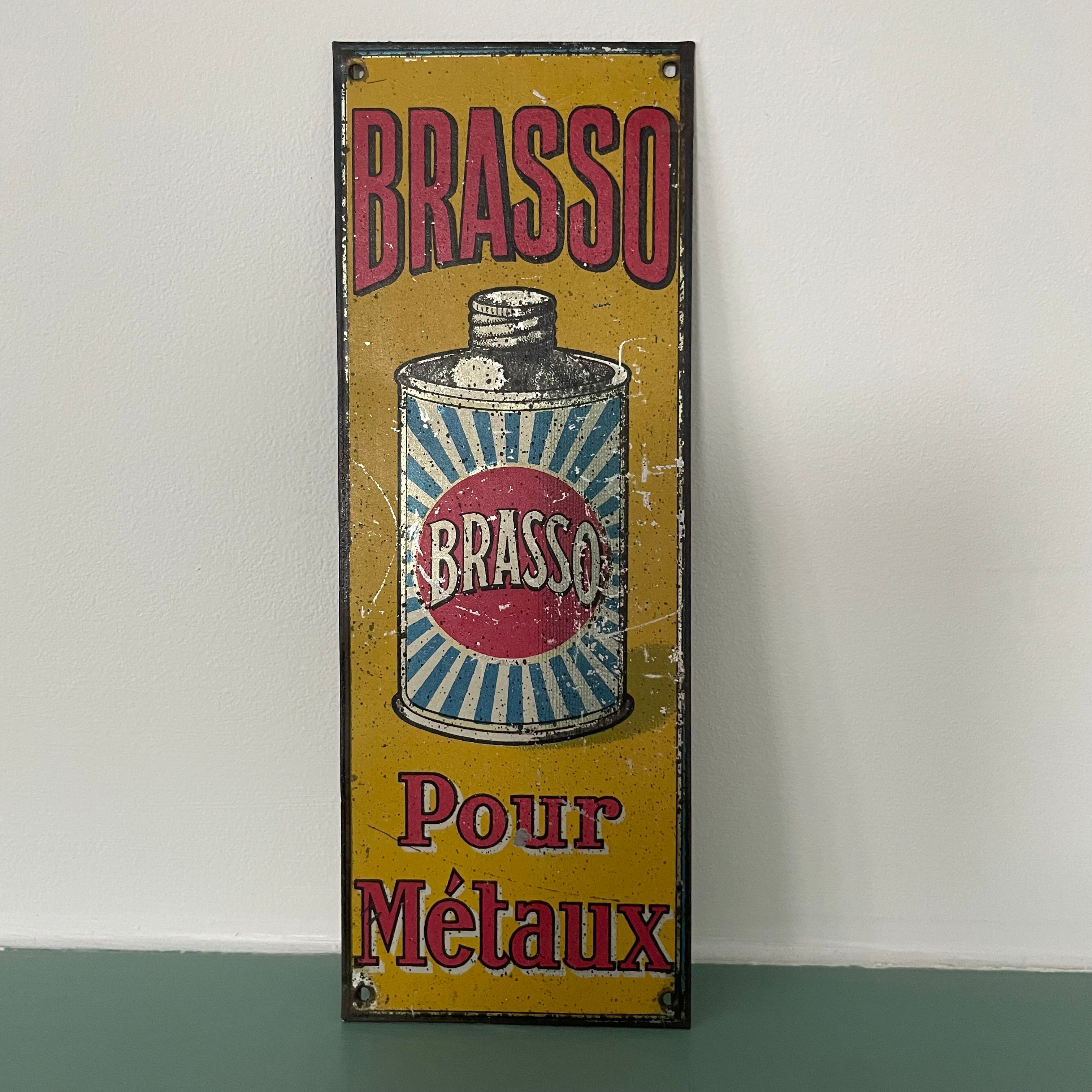 Vintage Brasso Tin Sign Door Plate – French “Brasso Pour Métaux” c.1920-1930s