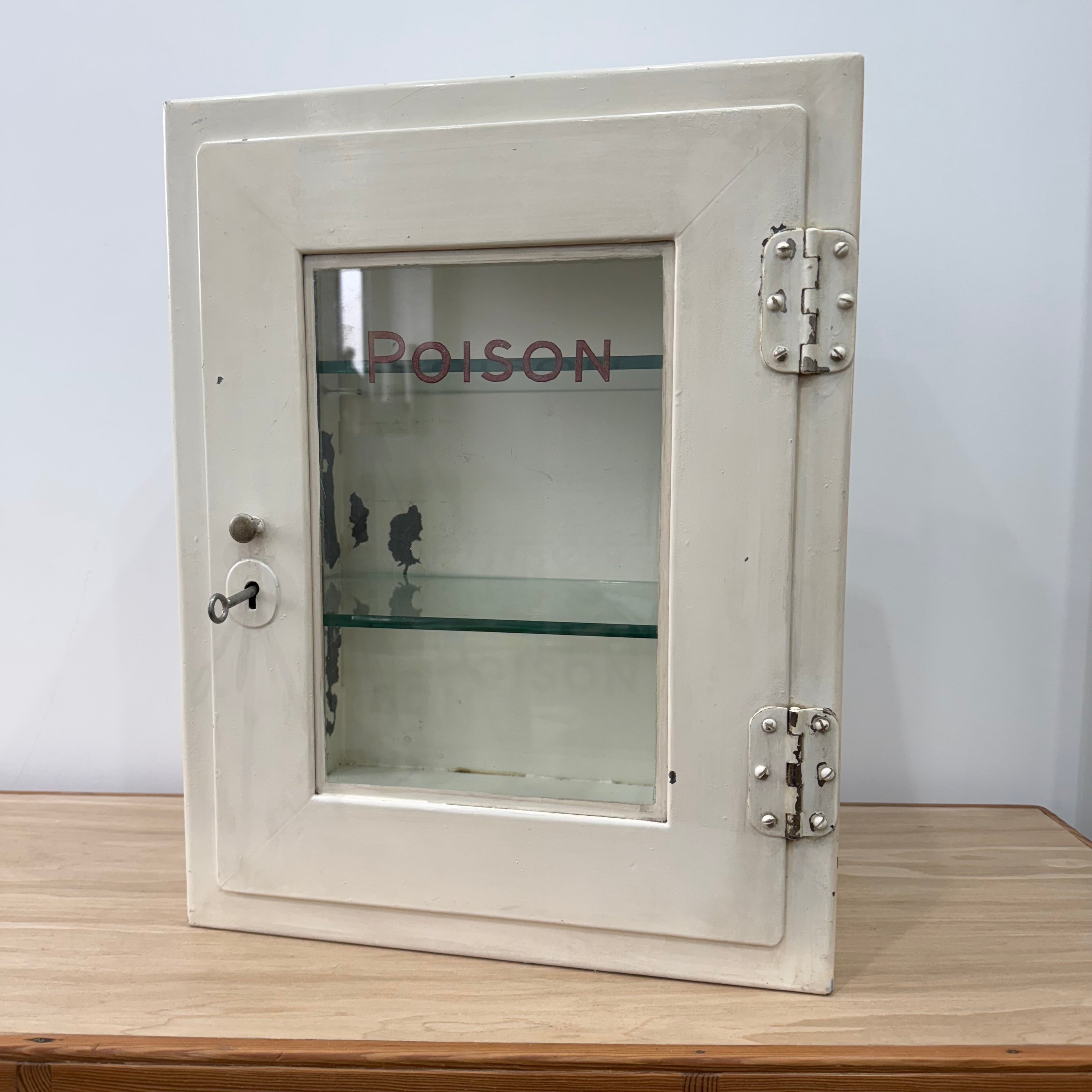 Antique Painted Metal Poison Cabinet with Etched Glass, Shelves & Key – Early 20th Century