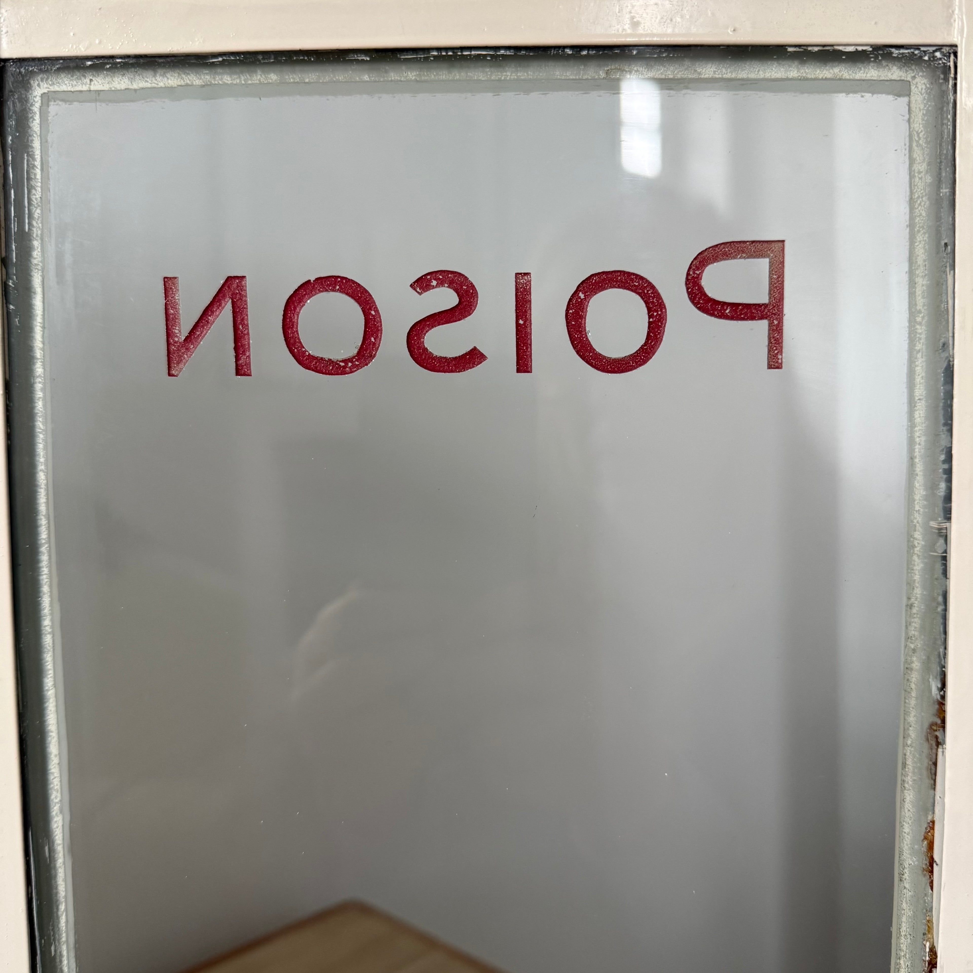 Antique Painted Metal Poison Cabinet with Etched Glass, Shelves & Key – Early 20th Century