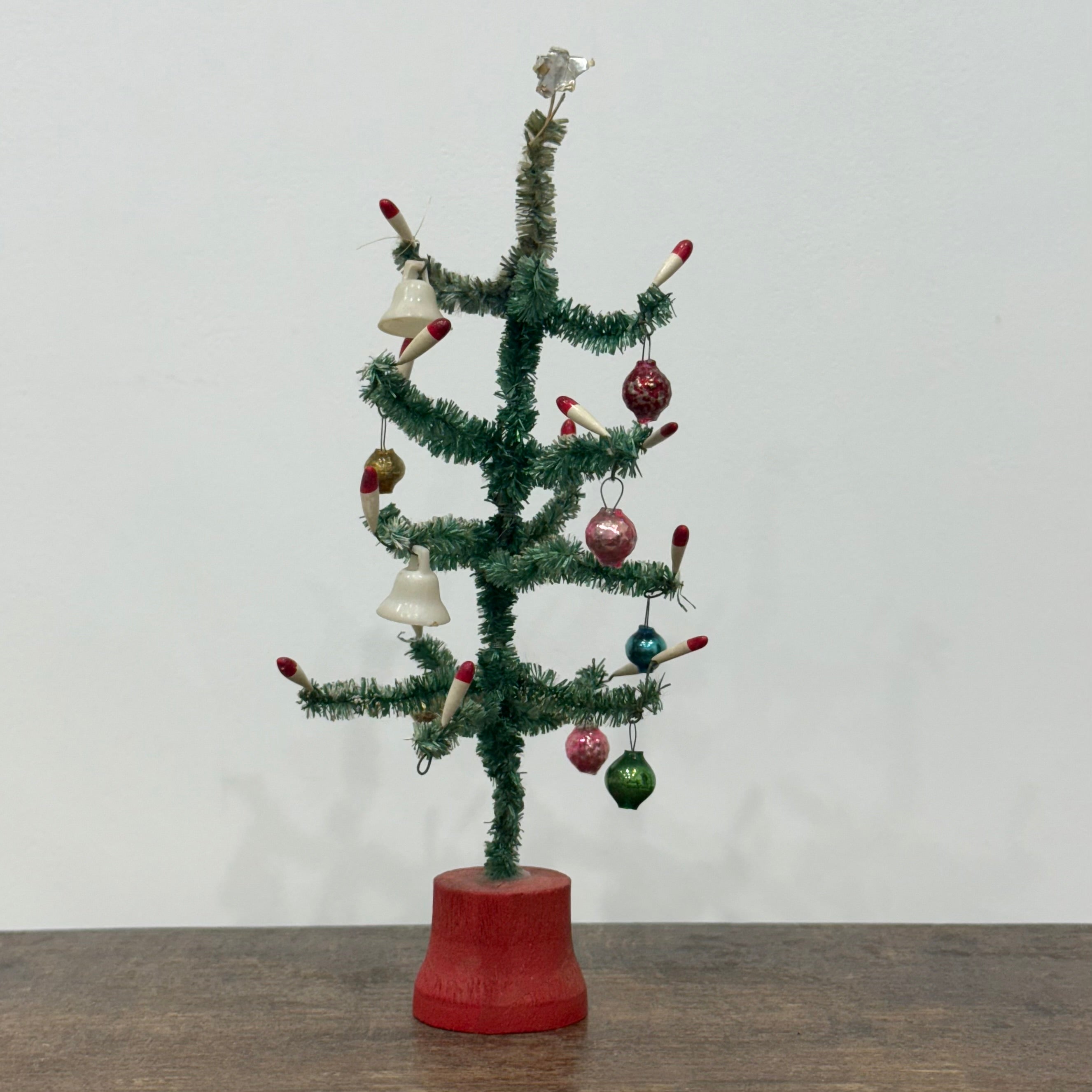 Vintage 1950s Bottle Brush Christmas Tree with Baubles – “Foreign” Marked