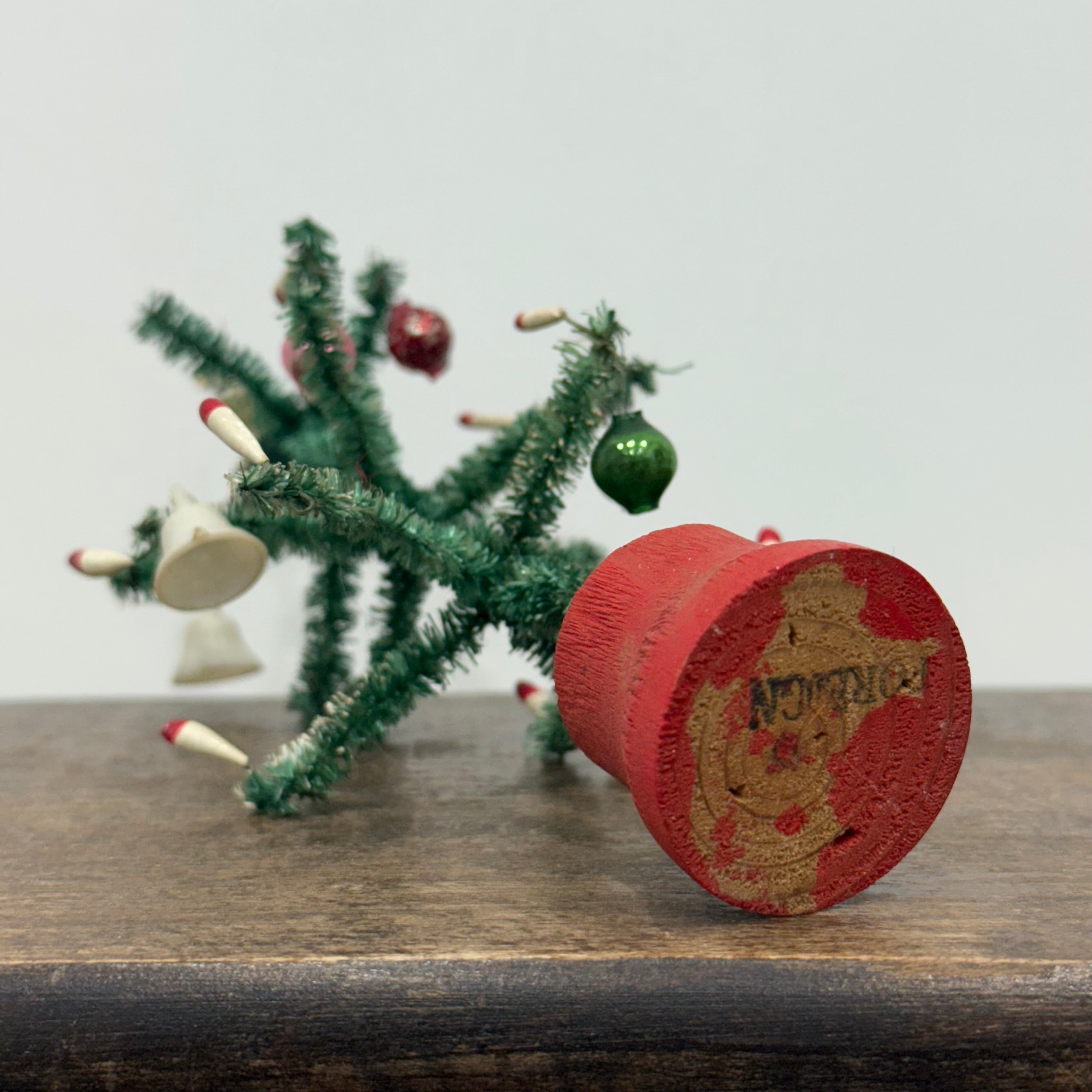 Vintage 1950s Bottle Brush Christmas Tree with Baubles – “Foreign” Marked