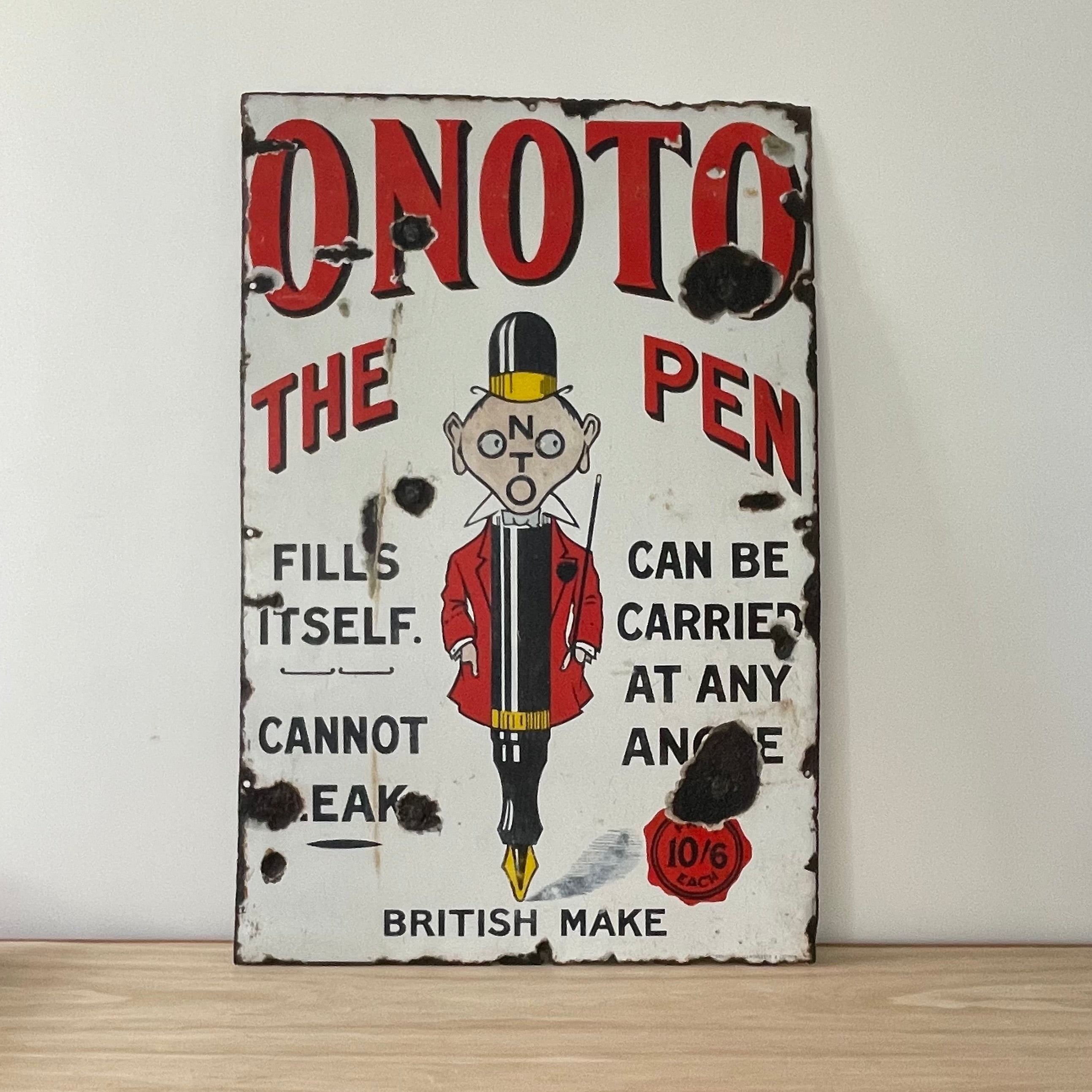 Antique Onoto the Pen pictorial advertising enamel sign