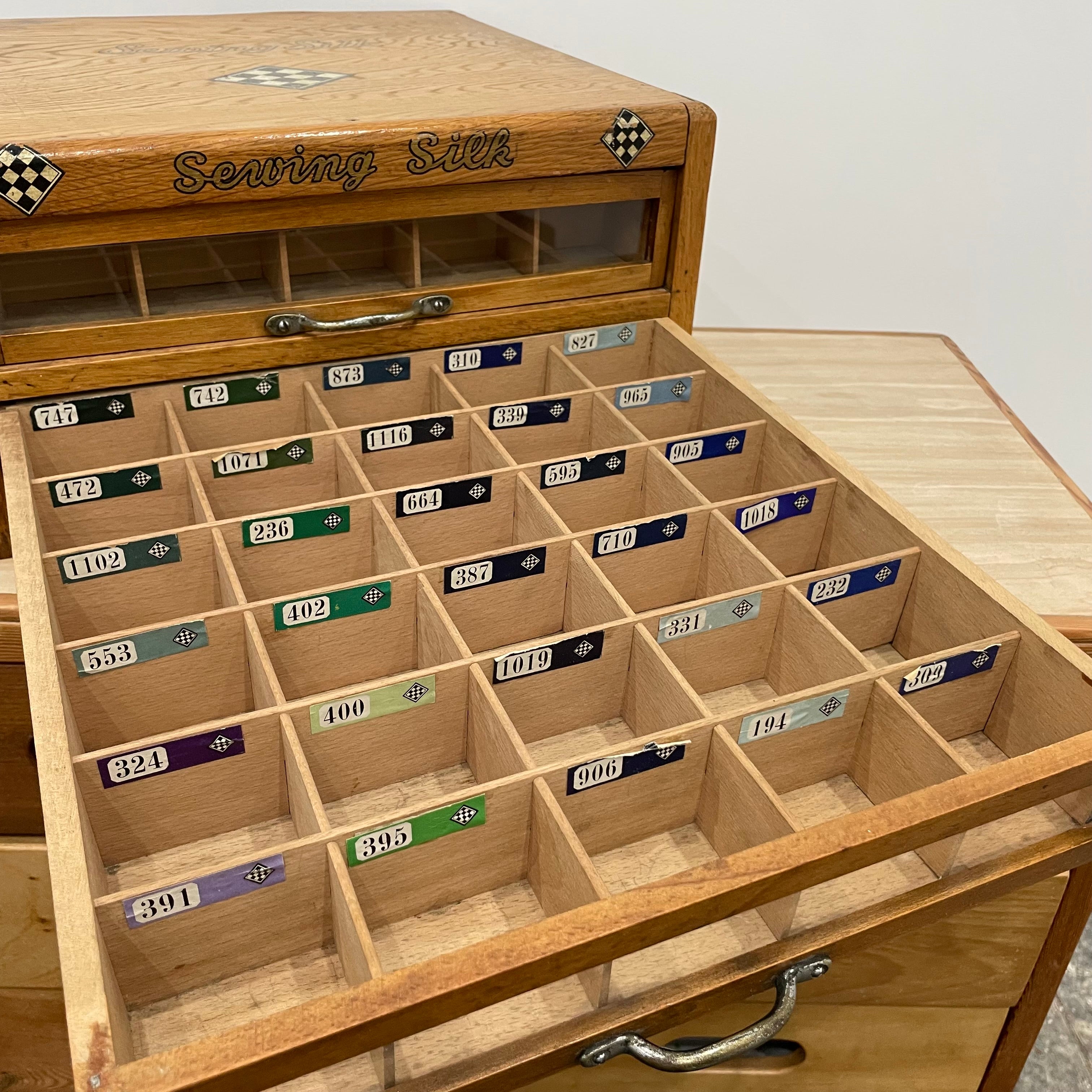 Vintage Oak Haberdashery “Sewing Silk” Cabinet – Two-Drawer Counter Display