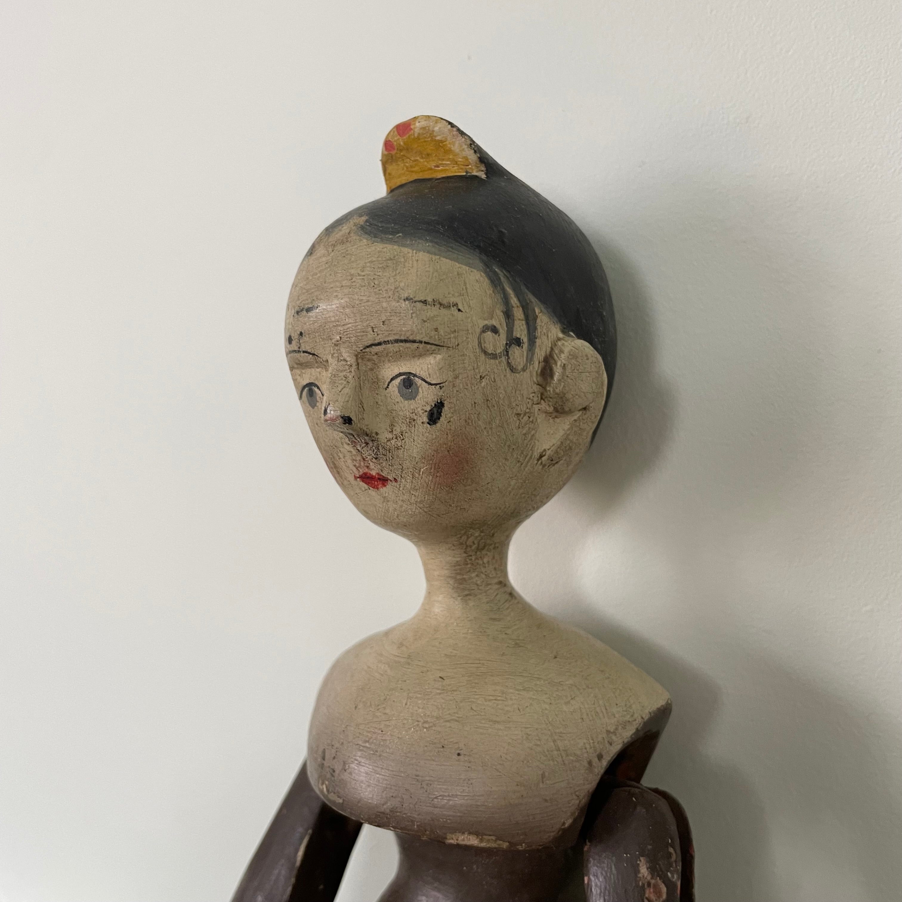 19th Century Grodnertal Tuck Comb Wooden Doll – Hand-Painted Peg Wooden Doll