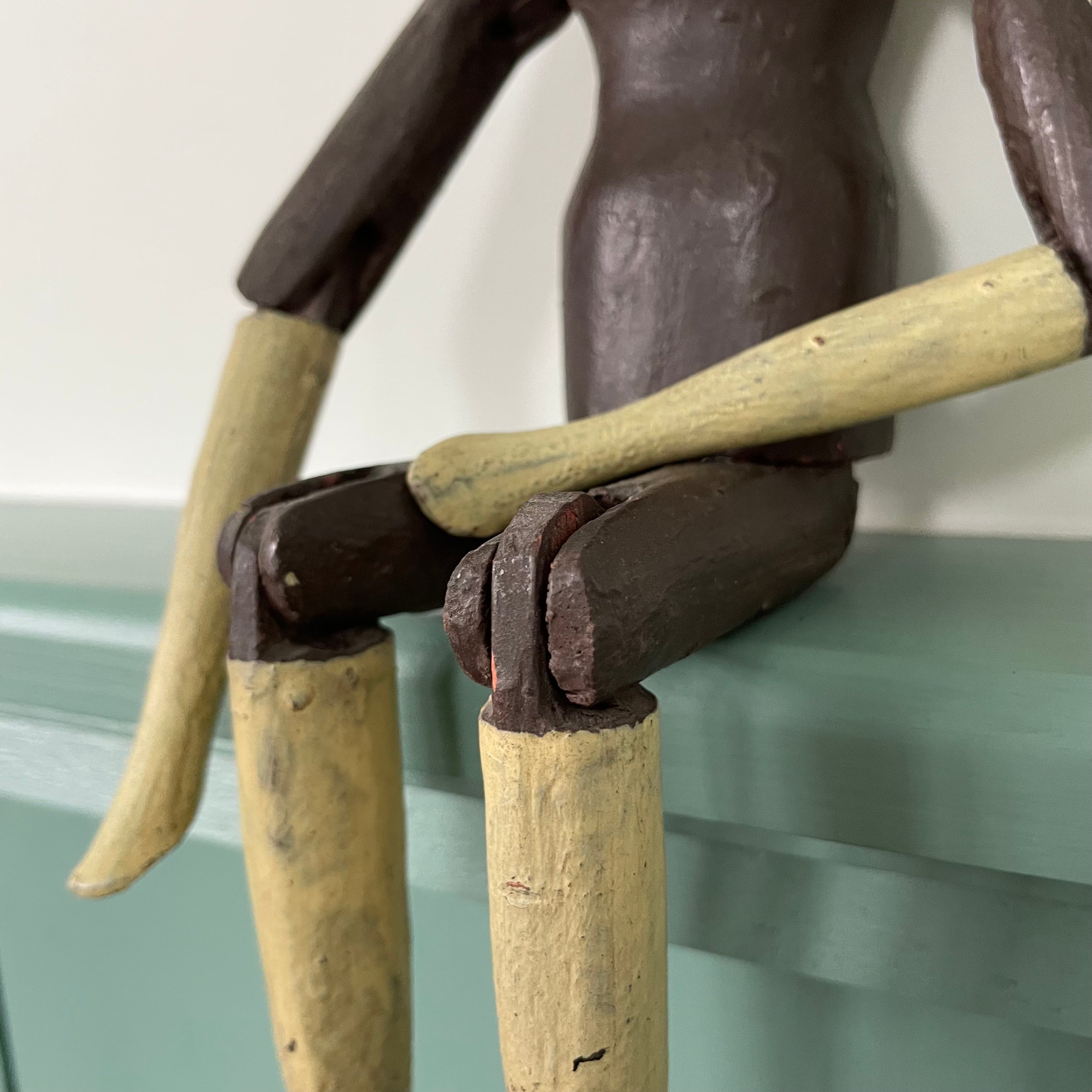 19th Century Grodnertal Tuck Comb Wooden Doll – Hand-Painted Peg Wooden Doll