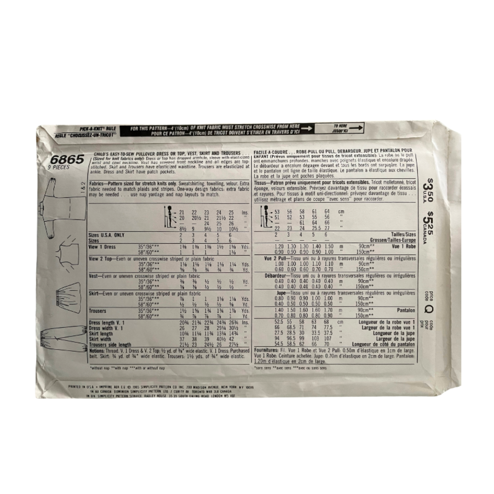 Simplicity 6865 Girls Size 4-6 Dress Top Skirt Trousers FF