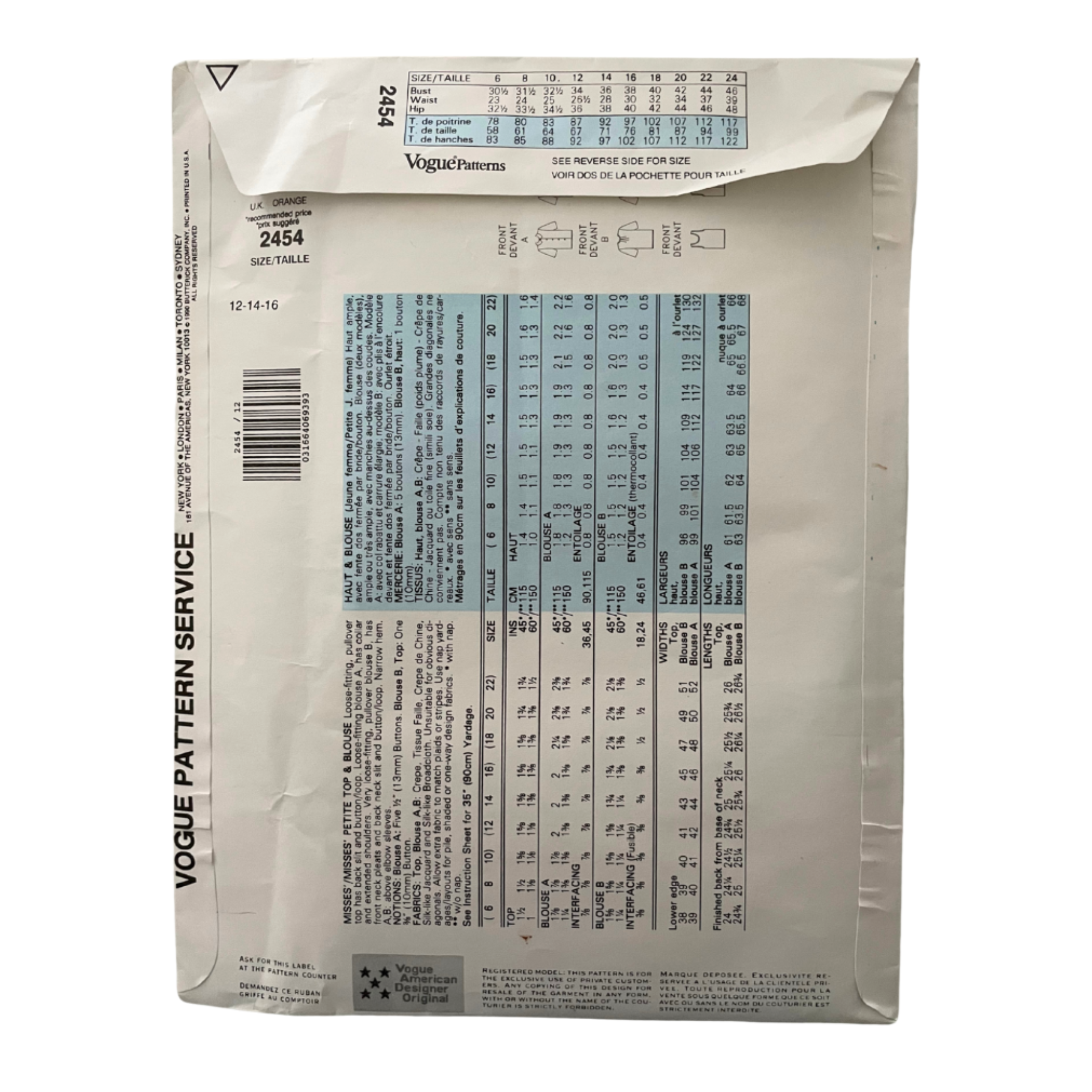 Vogue 2454 Womens Size 10-14 UK Petite Shirt Blouse Top FF