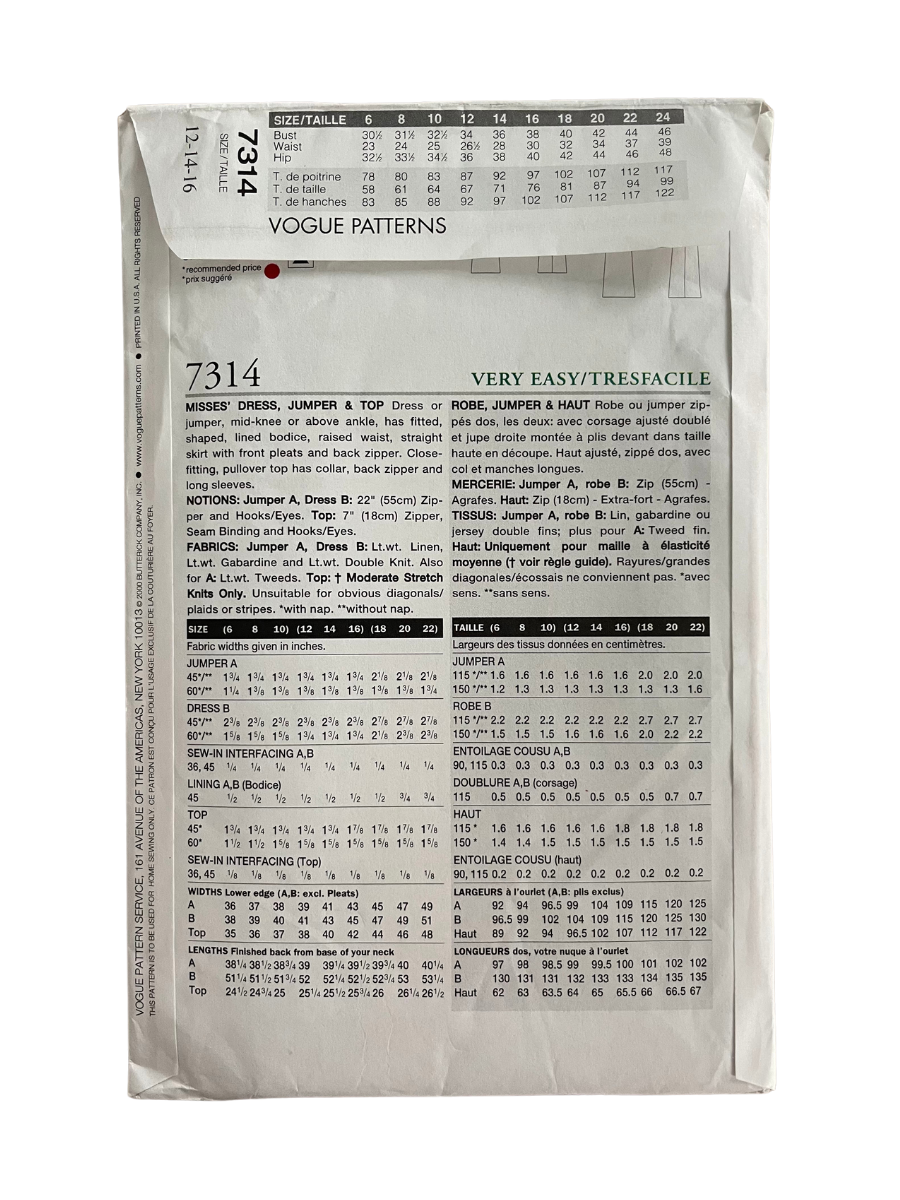 Vogue 7314 Womens Size 12-16 Dress FF