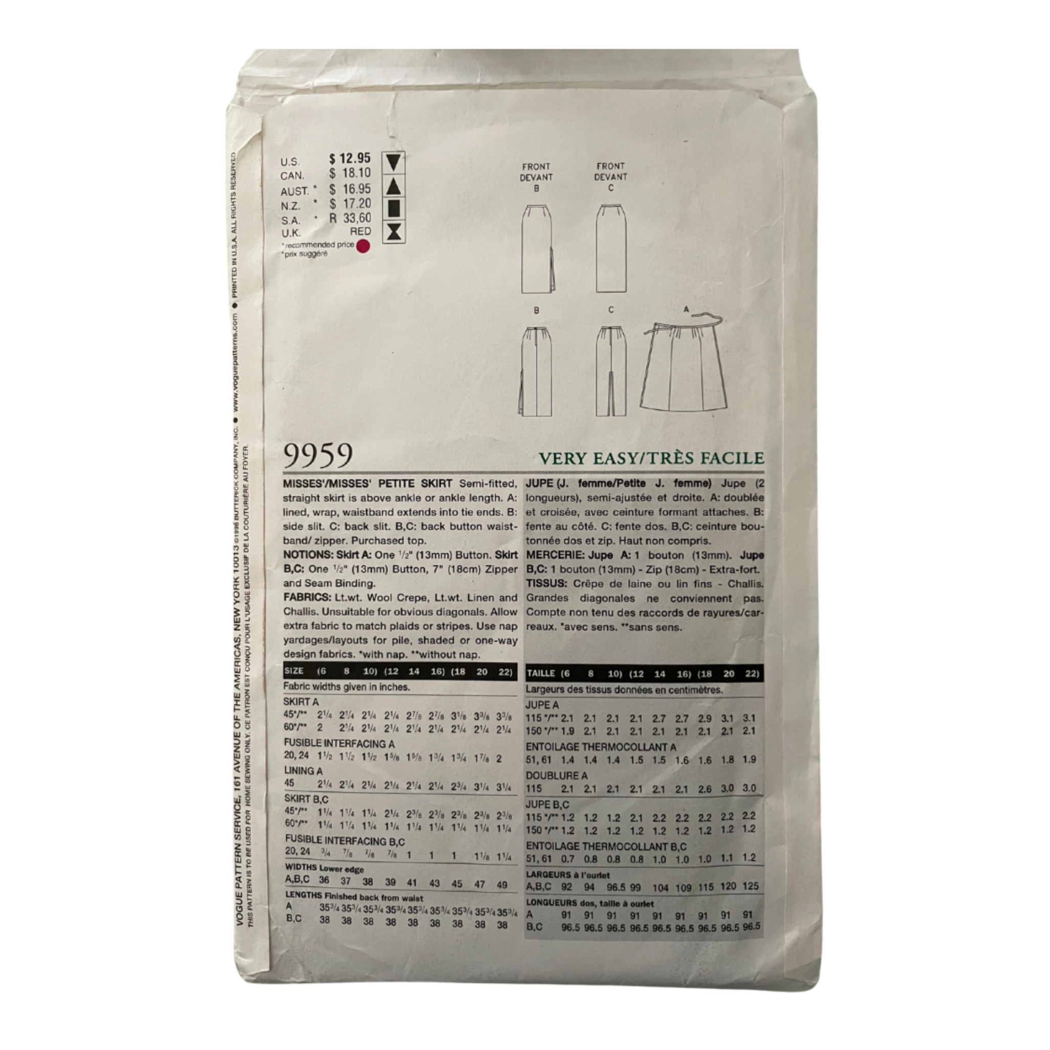Vogue 9959 Womens Size 10-14 UK Petite Skirt FF