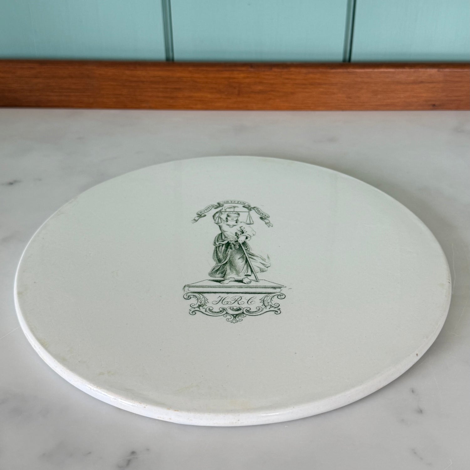 Victorian Green Transfer Grocer’s Scale Plate – Lady Justice HRC c.1860s