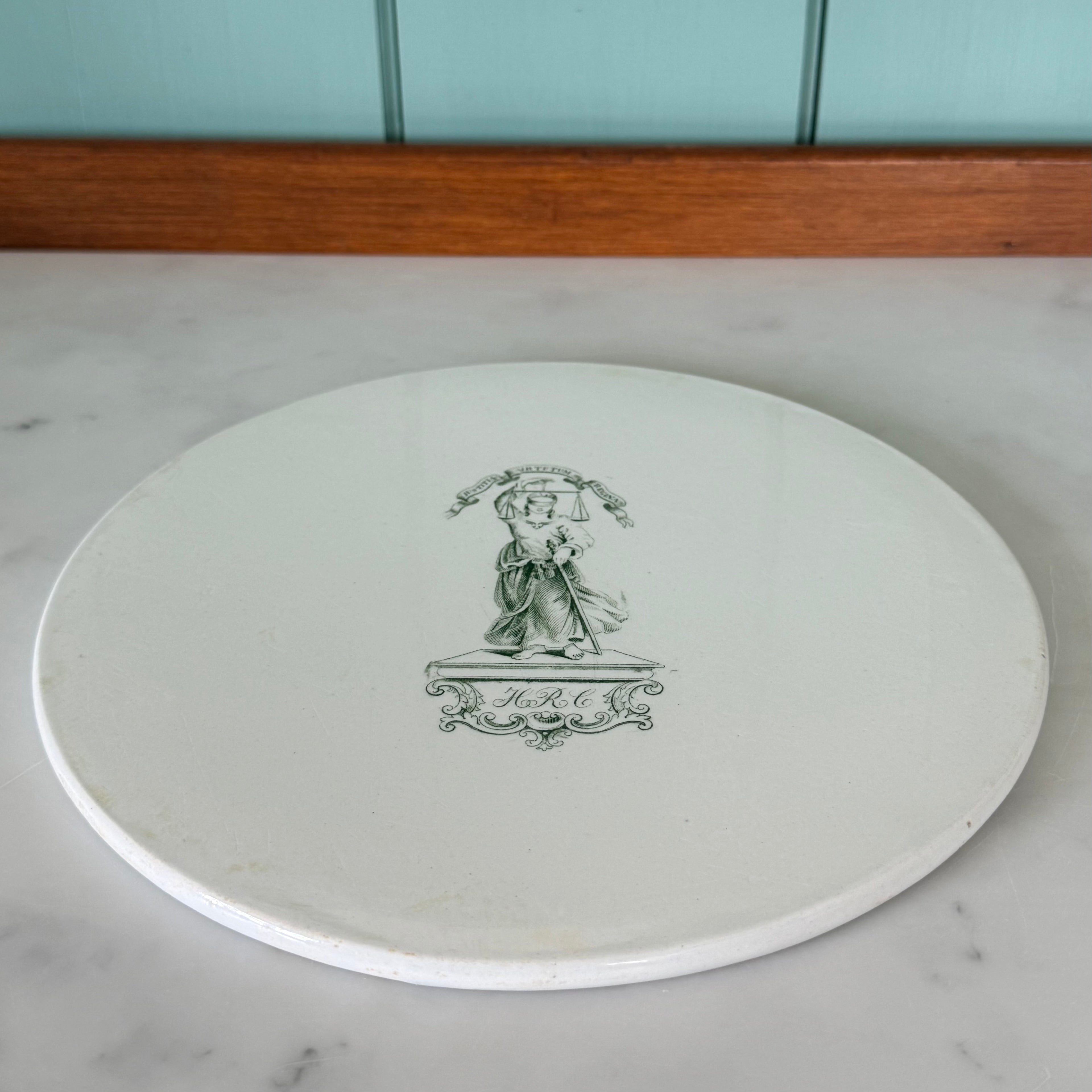 Victorian Green Transfer Grocer’s Scale Plate – Lady Justice HRC c.1860s