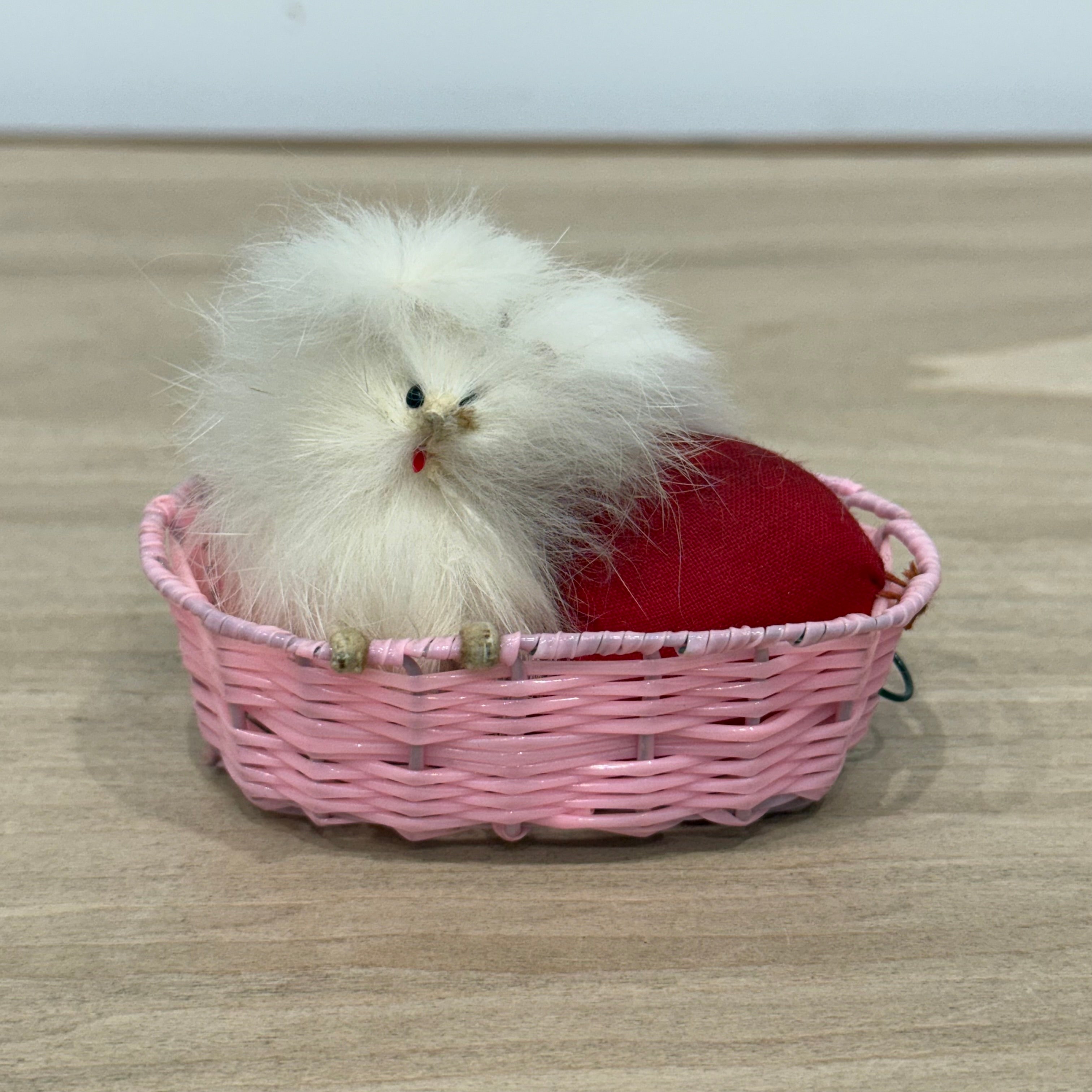 Vintage Dog in Basket Tape Measure &amp; Pincushion, Boxed, Working 36”