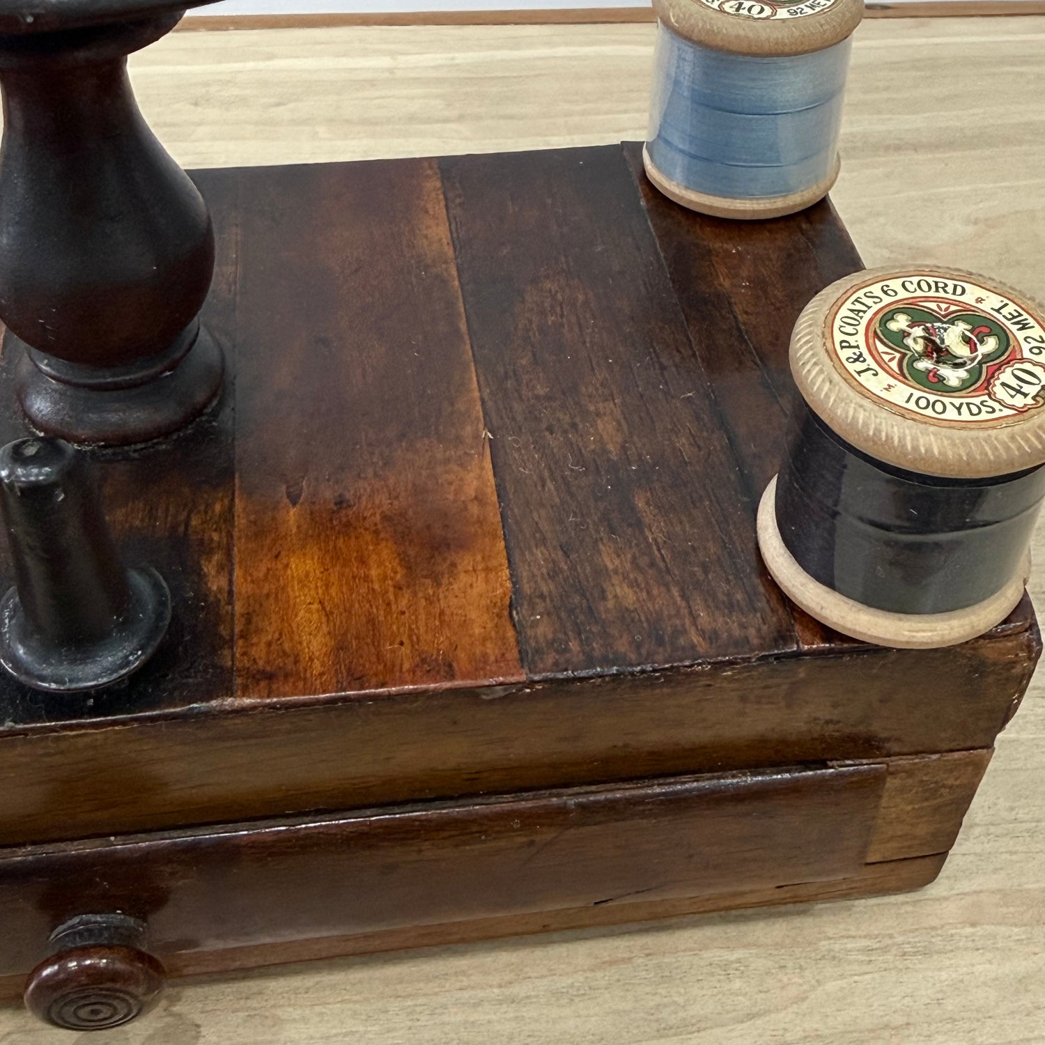 Antique Wooden Thread Spool Stand with Drawer and Silk Pin Cushion