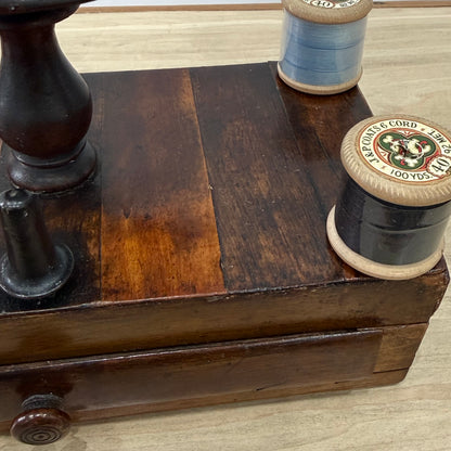 Antique Wooden Thread Spool Stand with Drawer and Silk Pin Cushion