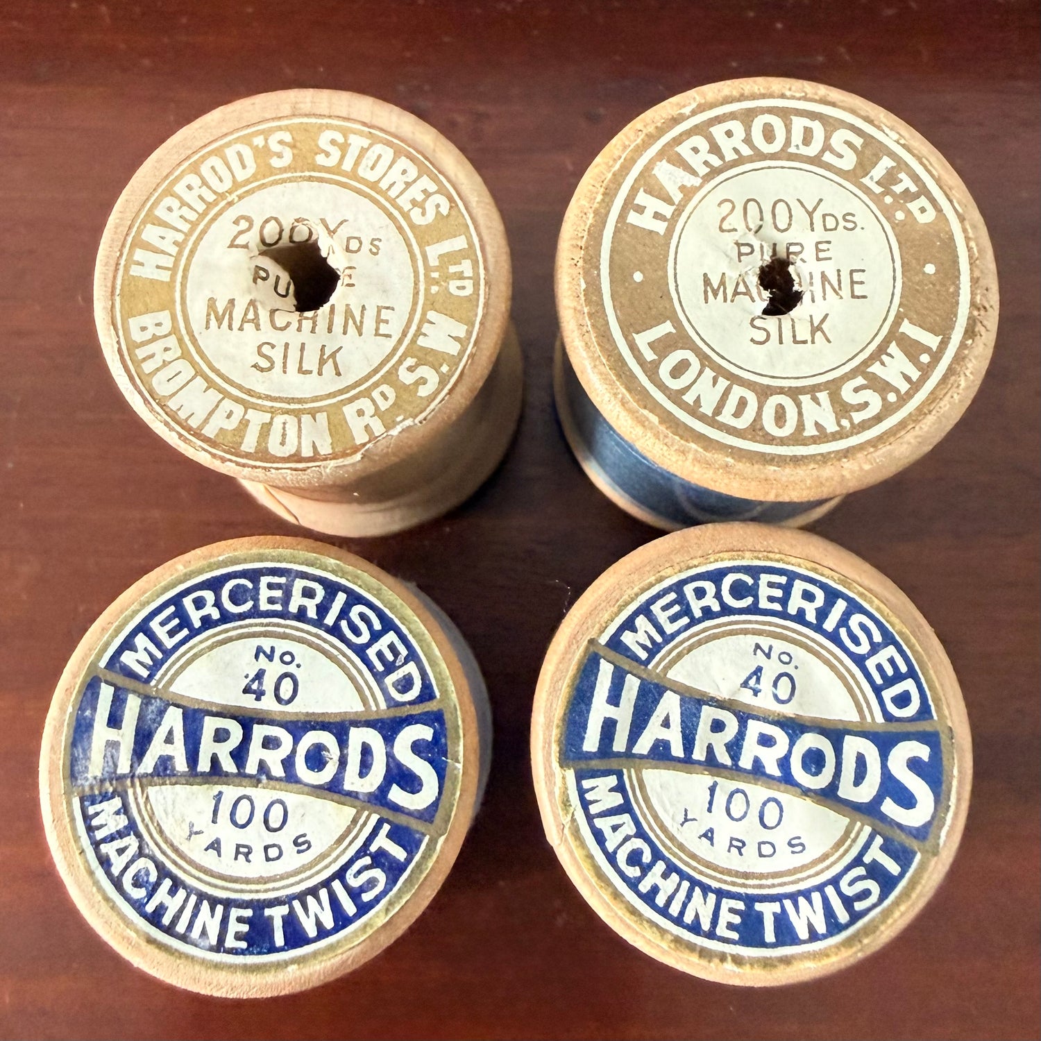 Antique Harrods Wooden Cotton &amp; Silk Thread Reels Set of Four