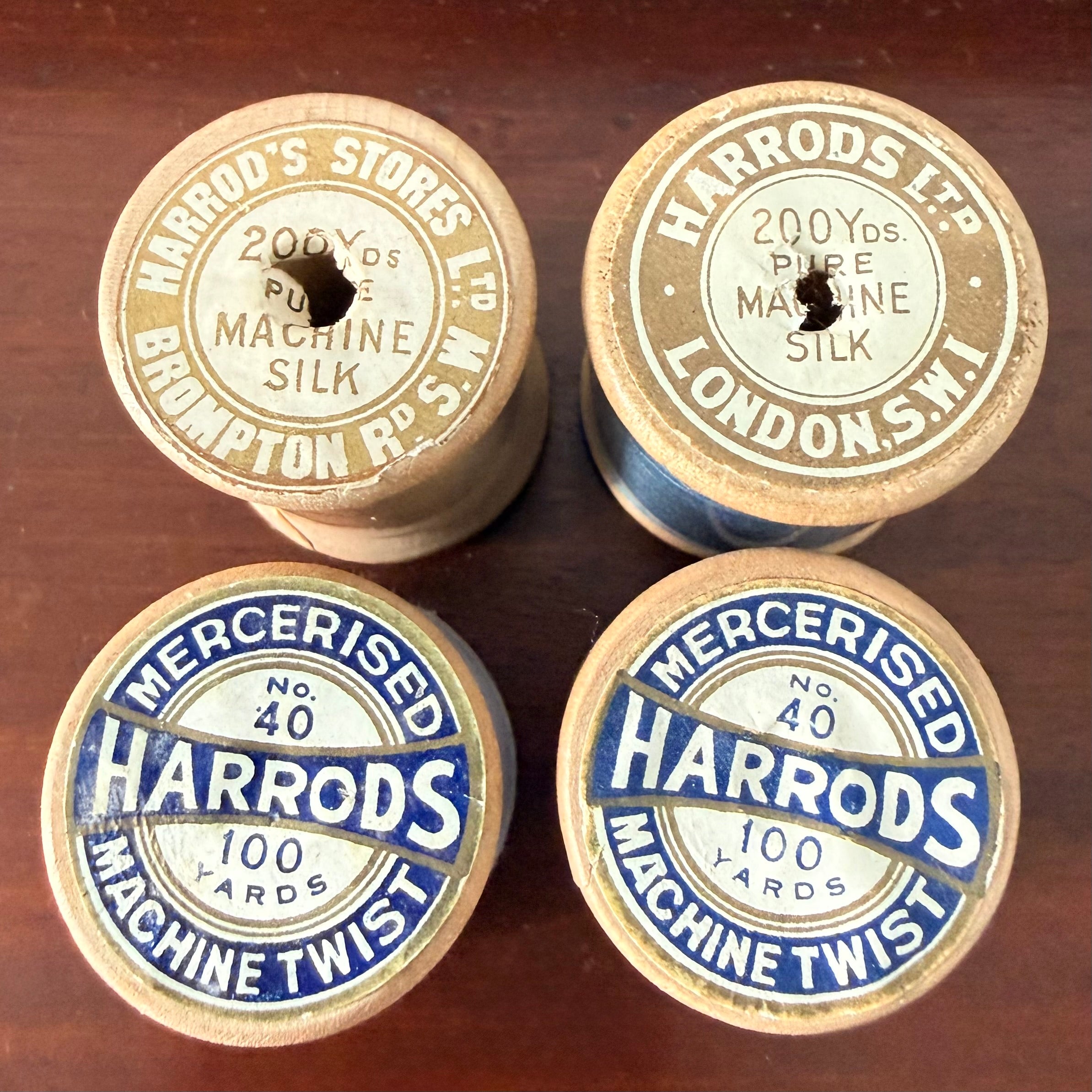 Antique Harrods Wooden Cotton &amp; Silk Thread Reels Set of Four