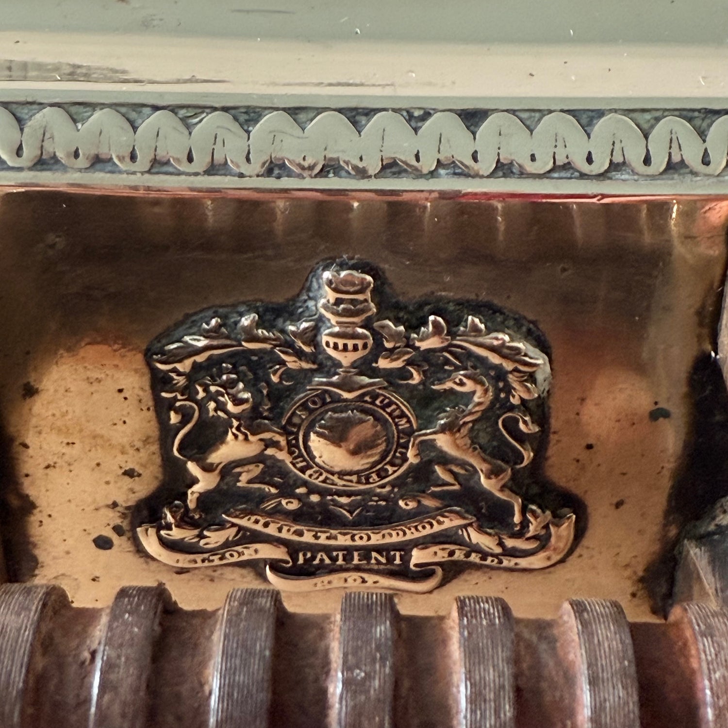 Victorian Brass Knife Sharpener with Twin Oak Rollers and Heraldic Crest