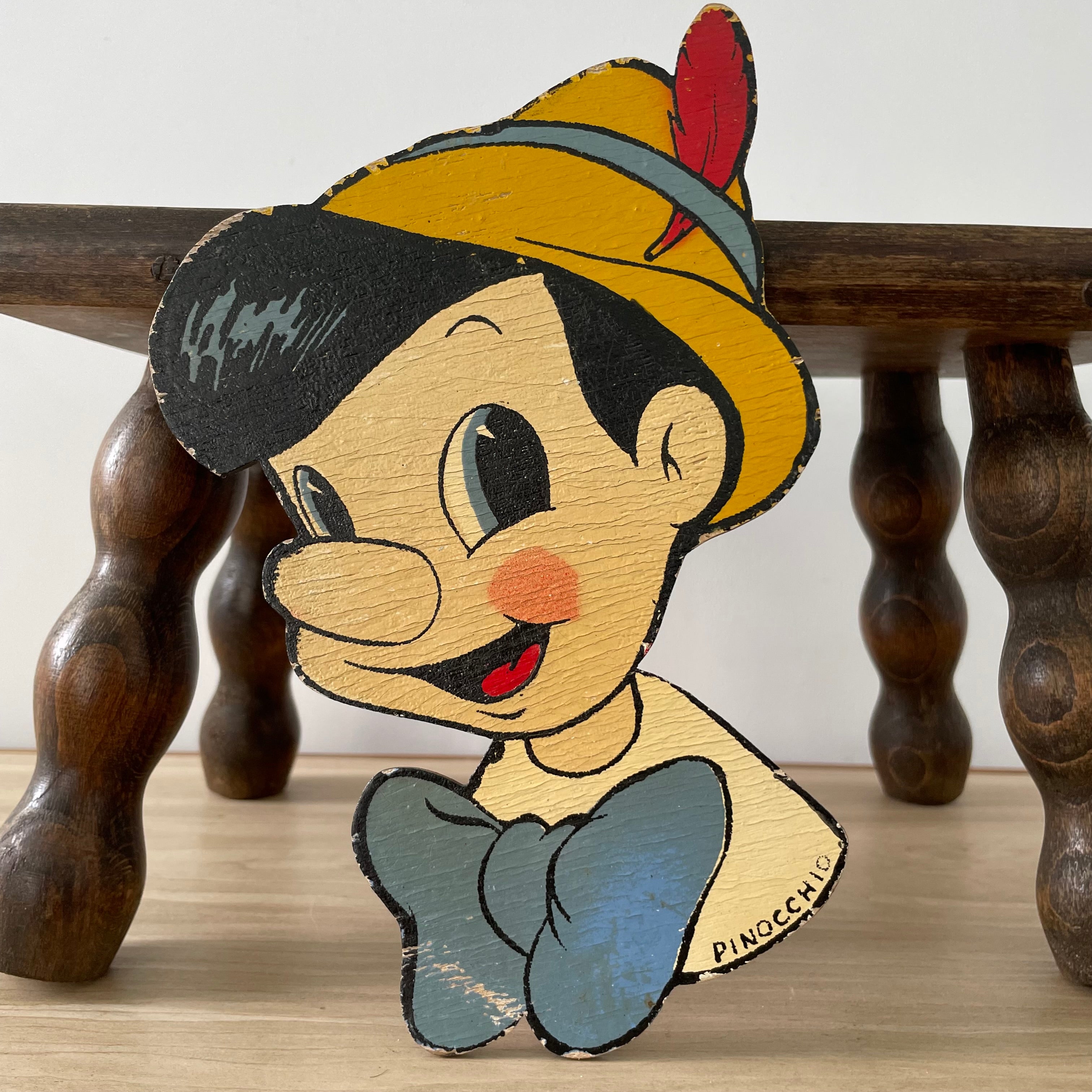 Vintage Wooden Pinocchio Wall Plaque – Hand-Painted Mid-Century Cartoon Nursery Decor