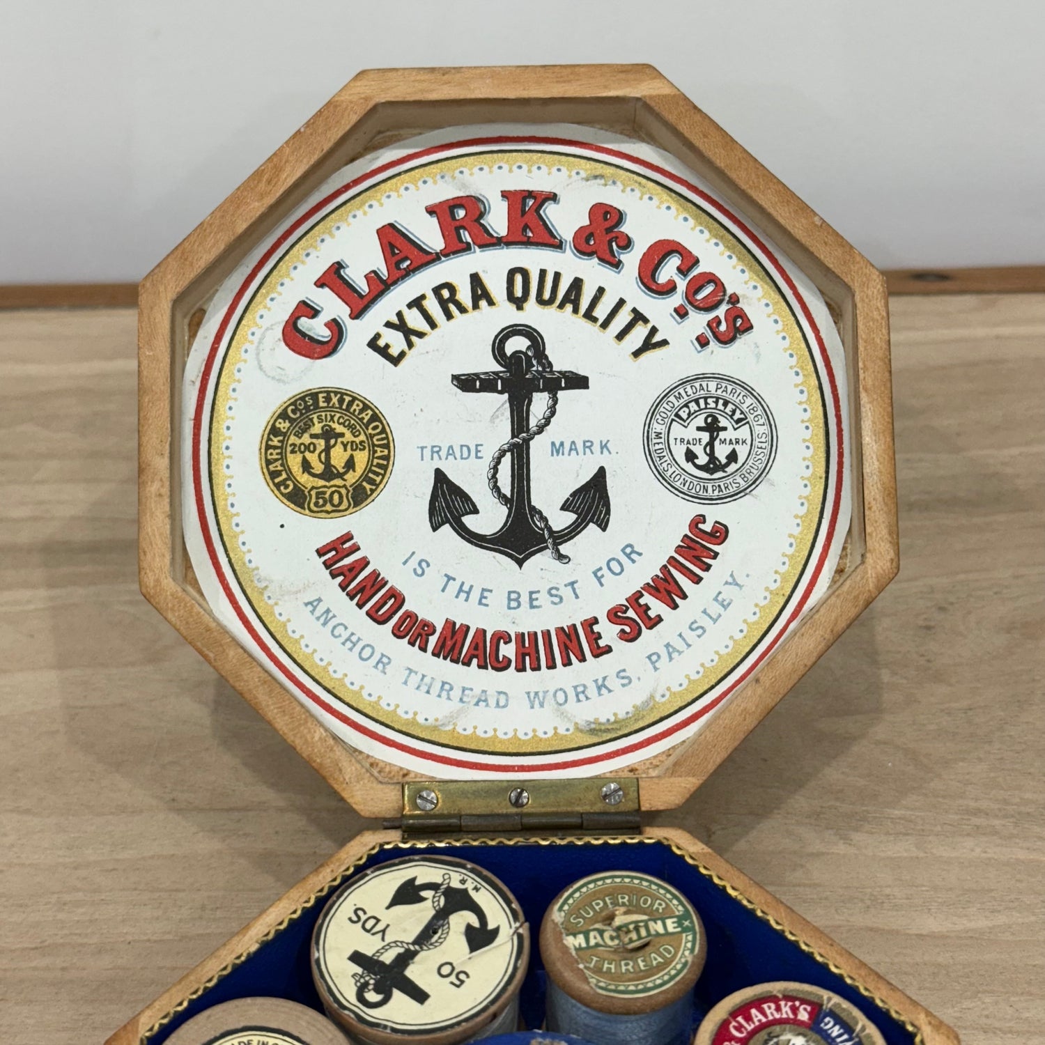Edwardian Clark &amp; Co Mauchline-Type Transfer Cotton Reel Box with Reels