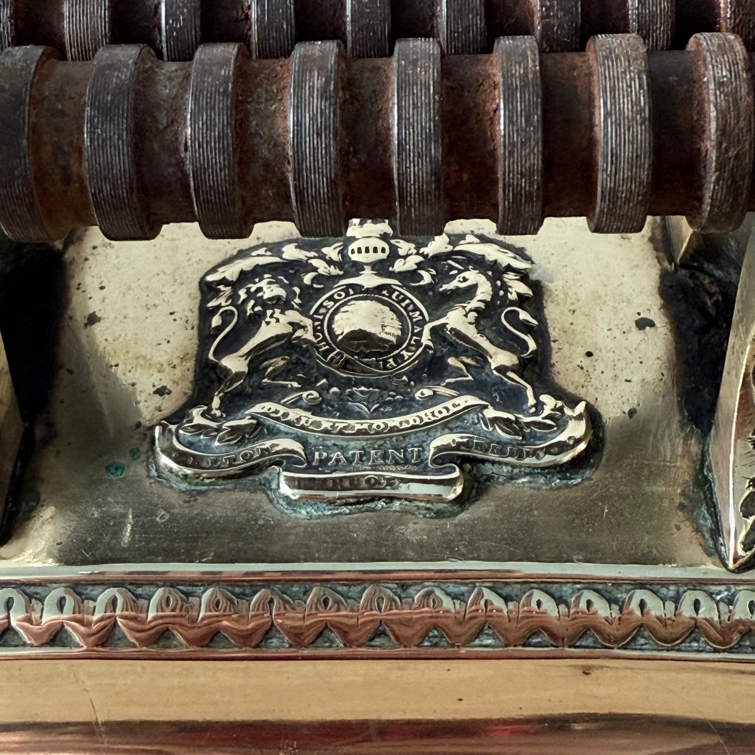 Victorian Brass Knife Sharpener with Twin Oak Rollers and Heraldic Crest