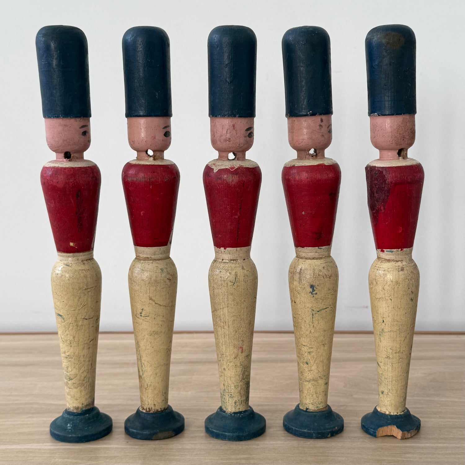 Vintage Wooden Skittles Pins 5 Guardsman Figures 24cm Folk Toy