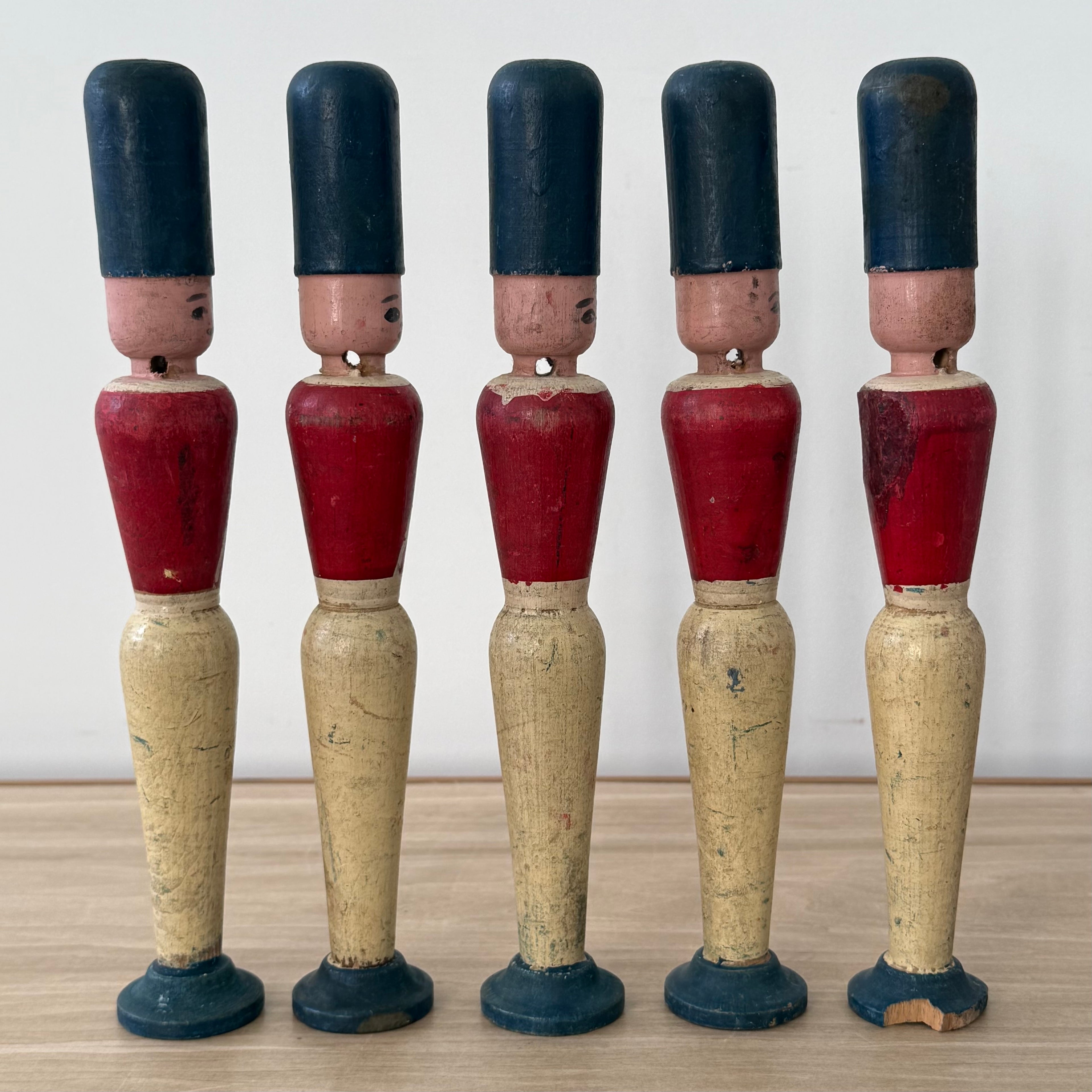 Vintage Wooden Skittles Pins 5 Guardsman Figures 24cm Folk Toy