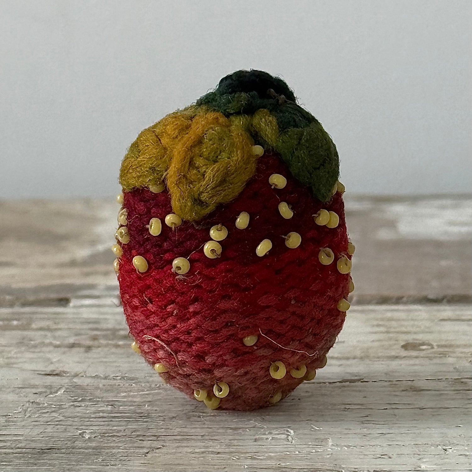 Antique Knitted Strawberry Emery with Beaded Seeds