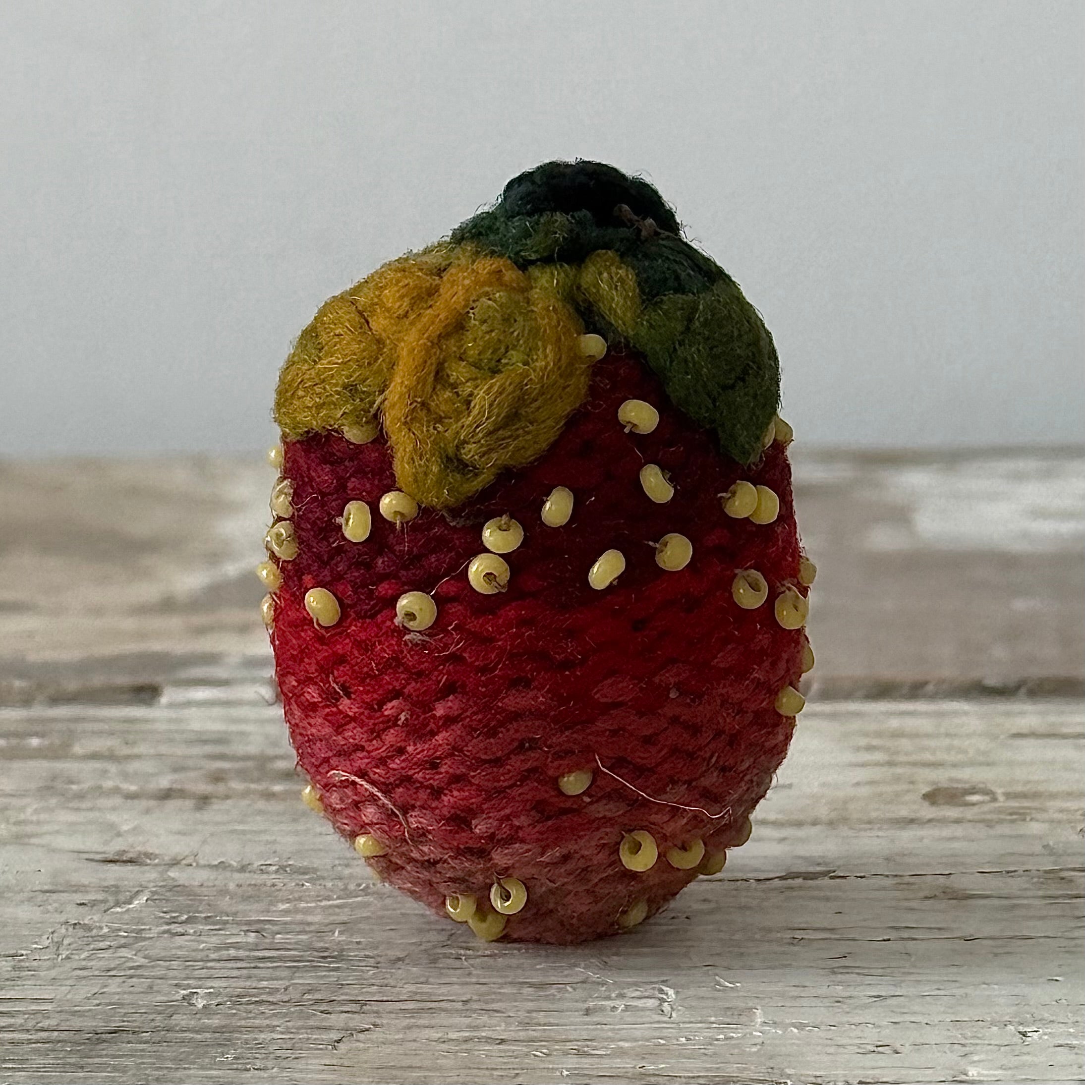 Antique Knitted Strawberry Emery with Beaded Seeds
