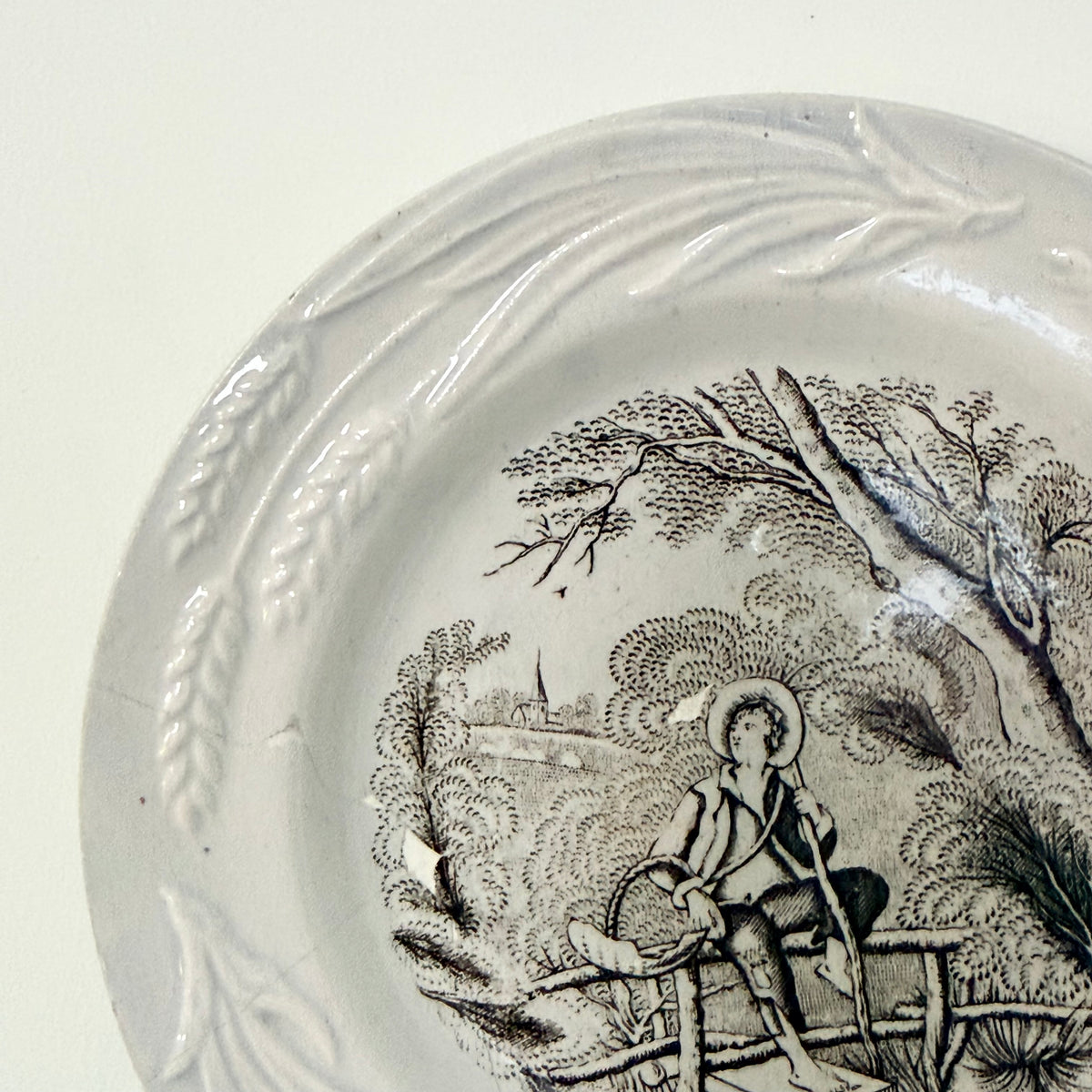 Antique Staffordshire Staple-Repaired Nursery Plate Rural Boy c.1830