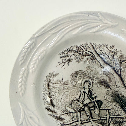 Antique Staffordshire Staple-Repaired Nursery Plate Rural Boy c.1830