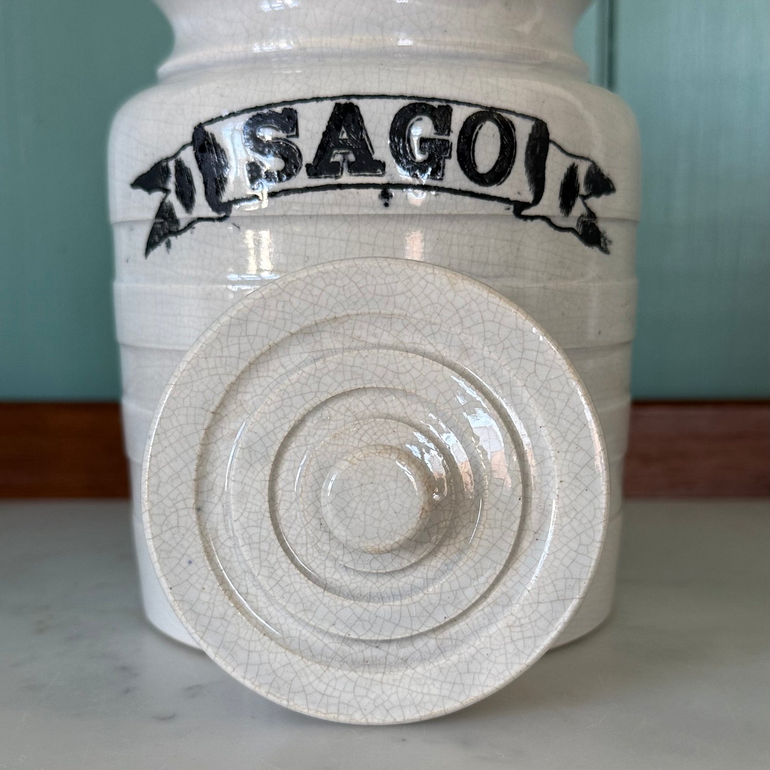 Late Victorian White Ironstone Sago Storage Jar with Ribbon Label