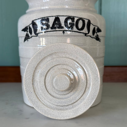 Late Victorian White Ironstone Sago Storage Jar with Ribbon Label