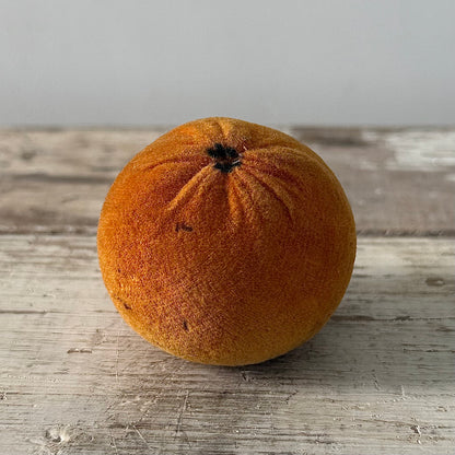 1830s Antique Velvet Orange Pin Cushion with Coated Fabric Leaf Detail