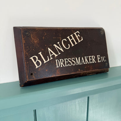 Antique Blanche Dressmaker Bronze Plaque Wooden Shop Sign